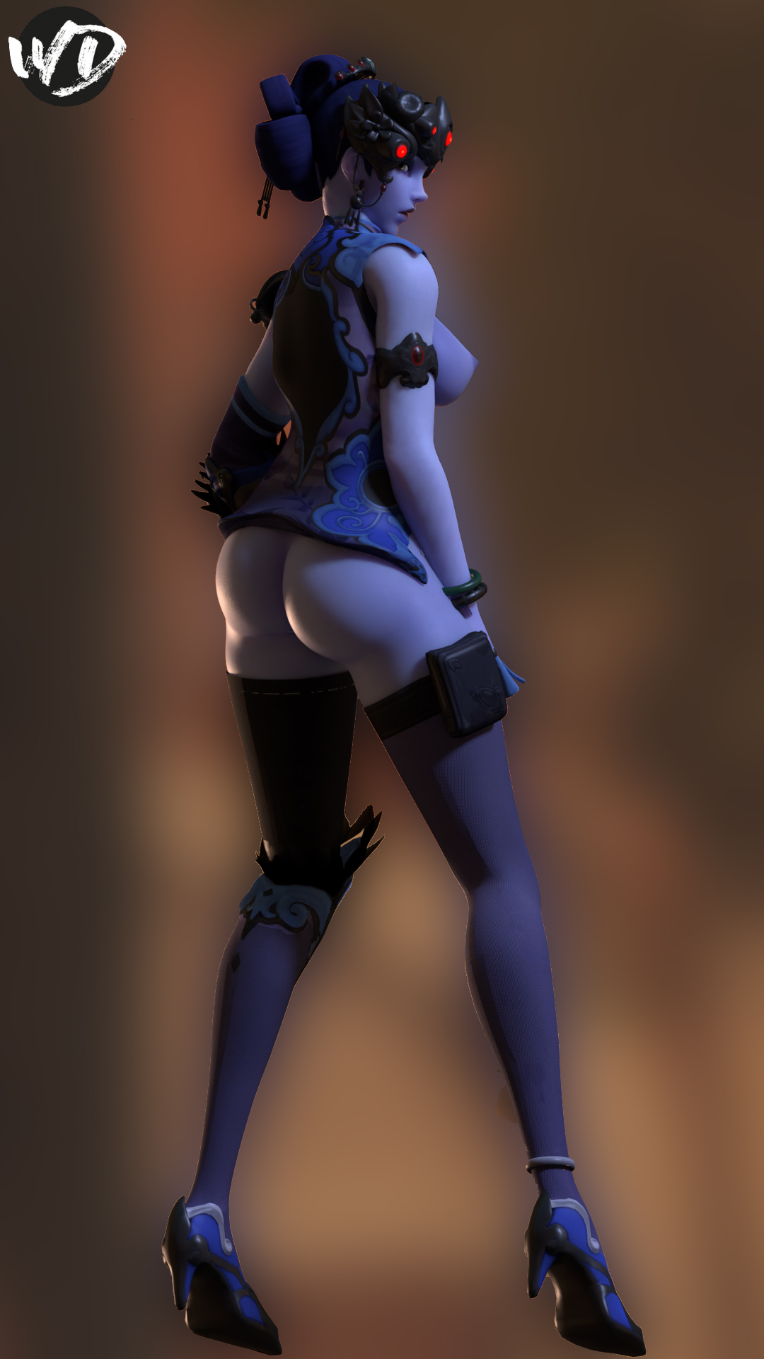 1girls, 3d, alternate costume, ass, back view, big ass, big butt, black lily widowmaker, blender, blizzard entertainment, female, female only, inviting, looking at viewer, lunar new year, lunar new year series, one leg up, overwatch, presenting, pussy, seductive, smile, solo, solo female, thighhighs, viewed from behind, widowmaker, wunder, year of the dog