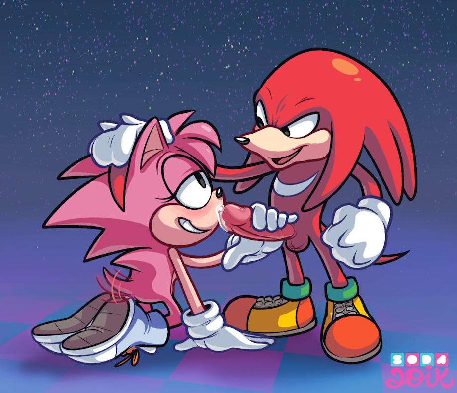 amy_rose balls big_penis black_eyes classic_amy_rose echidna female gloves hand_on_head handjob hedgehog knuckles_the_echidna male open_mouth penis penis_grab pink_fur precum red_fur sega shaking smile sodajoik sonic_(series) sonic_cd sonic_the_hedgehog_(series) straight tail teeth