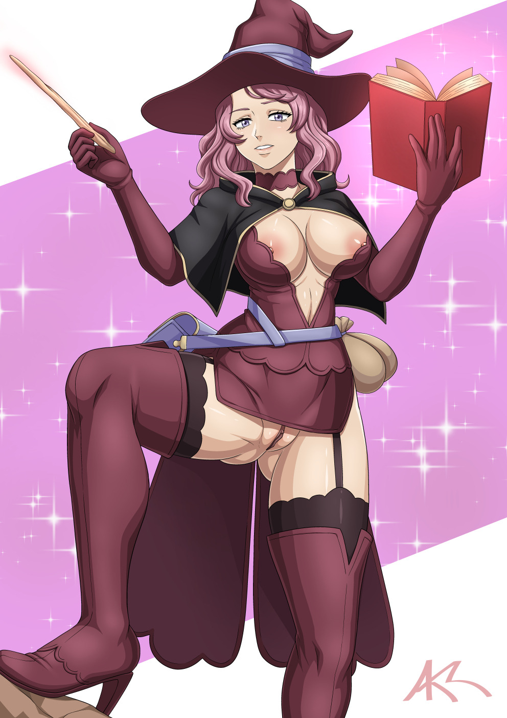 akazlime areolae big_breasts black_bulls_uniform black_clover nipple_slip no_panties partially_clothed pink_hair pussy thighhighs vanessa_enoteca witch witch_hat