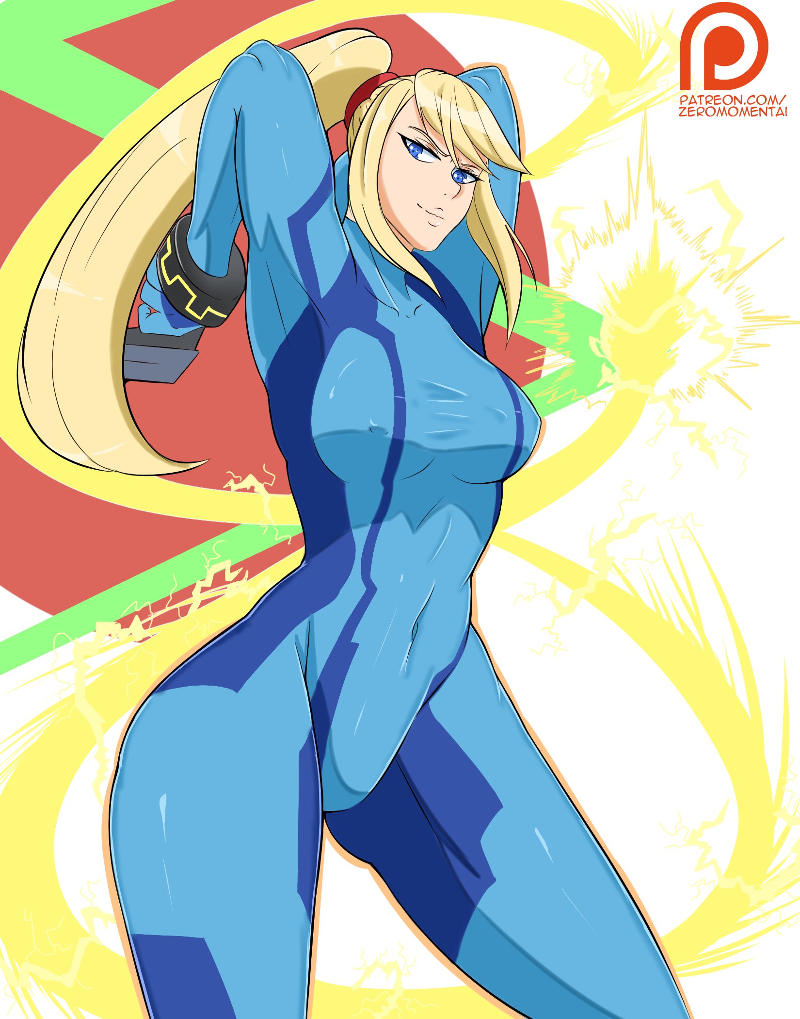1girls, arms behind head, arms up, blonde hair, blue eyes, bodysuit, breasts, covered navel, erect nipples, female, metroid, navel, nintendo, nipples, ponytail, samus aran, skin tight, solo, standing, toned, zero suit, zero suit samus, zeromomentai