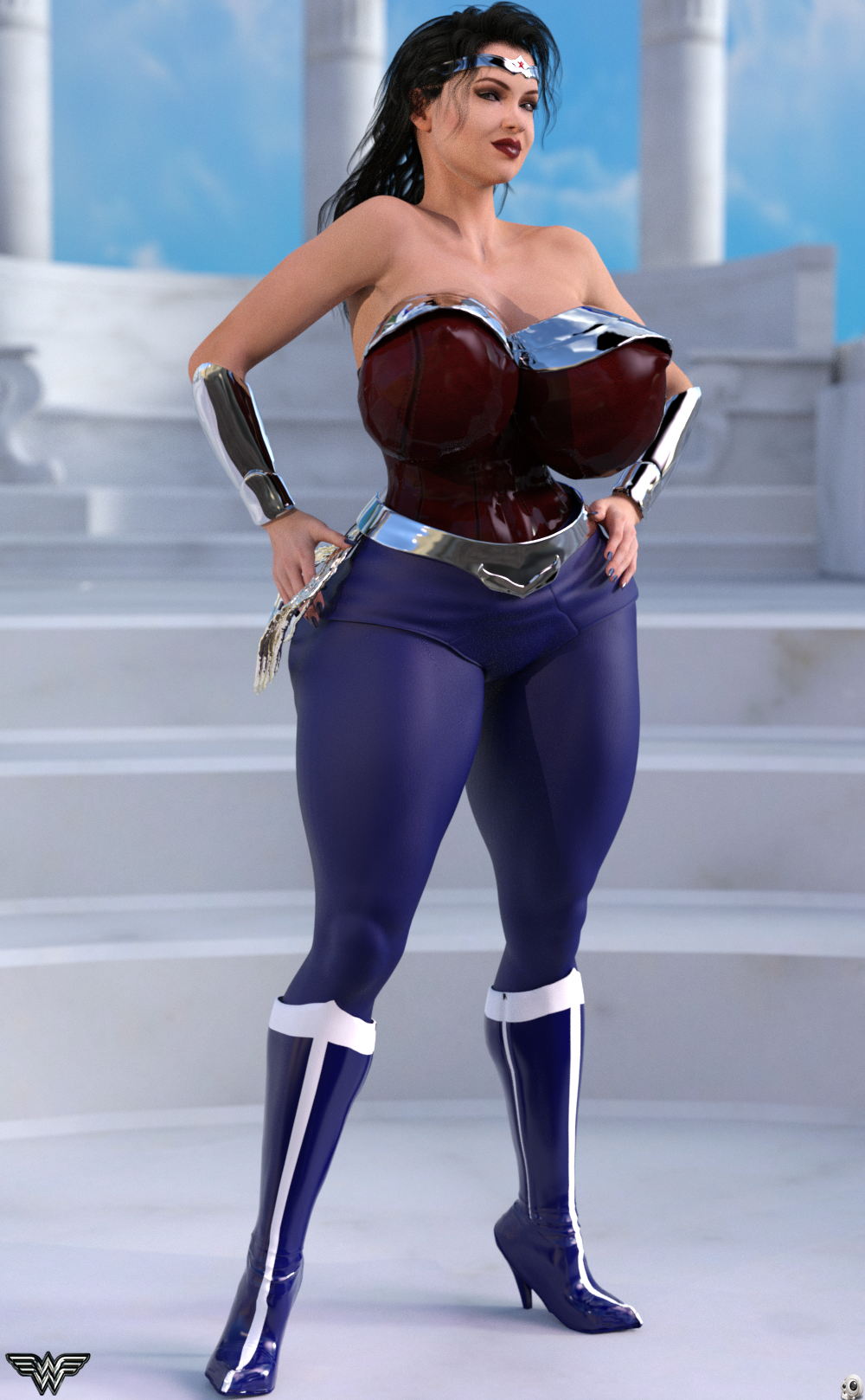 1girls 3d bare_shoulders big_breasts black_hair blue_eyes boots bracer busty choker cleavage curvy day dc dc_comics detailed_background diana_prince erect_nipple erect_nipples eyelashes female female_only front_view half-closed_eyes hand_on_hip hands_on_hip hands_on_hips high_heel_boots high_heels hourglass_figure human leotard long_hair looking_at_viewer nail_polish nipple_bulge outdoor outside pants pose posing rope shadow shiny shiny_skin solo spread_legs spreading standing superheroine tiara voluptuous water wide_hips wonder_woman wonder_woman_(series) xskullheadx