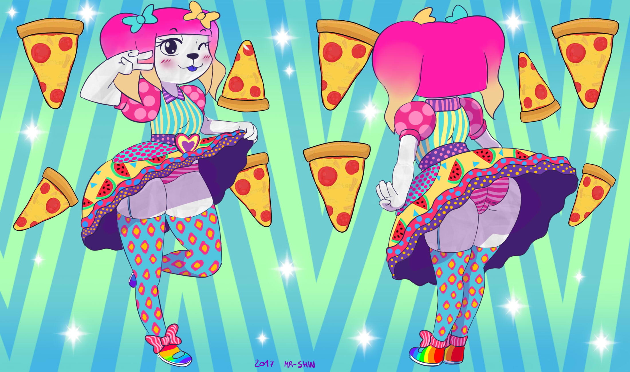 ;p, 2017, ass, blue background, cartoon network, female, food, garter straps, gesture, green background, hair ornament, looking at viewer, mr-shin, multicolored hair, panties, pantyshot, pink panties, pizza, rear view, shoe bow, skirt lift, solo, stockings, striped background, striped panties, teri (tawog), the amazing world of gumball, twintails, v
