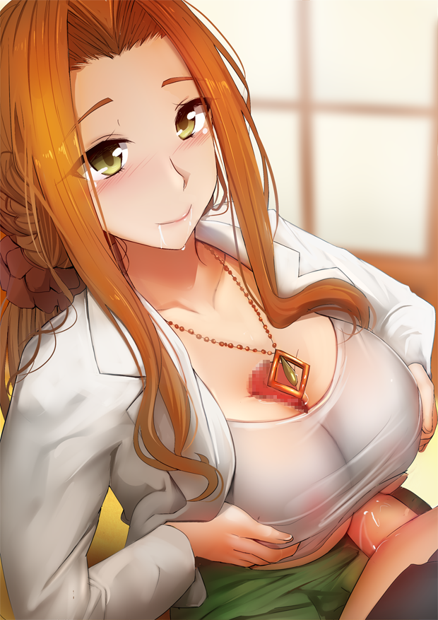 bangs blush breasts censored covered_nipples drooling female ginhaha green_eyes hair_intakes jewelry kiyotaki_keika long_hair long_sleeves mosaic_censoring necklace nipples open_clothes open_mouth open_shirt orange_hair paizuri paizuri_under_clothes penis ryuuou_no_oshigoto! saliva scrunchie see-through smile solo_focus