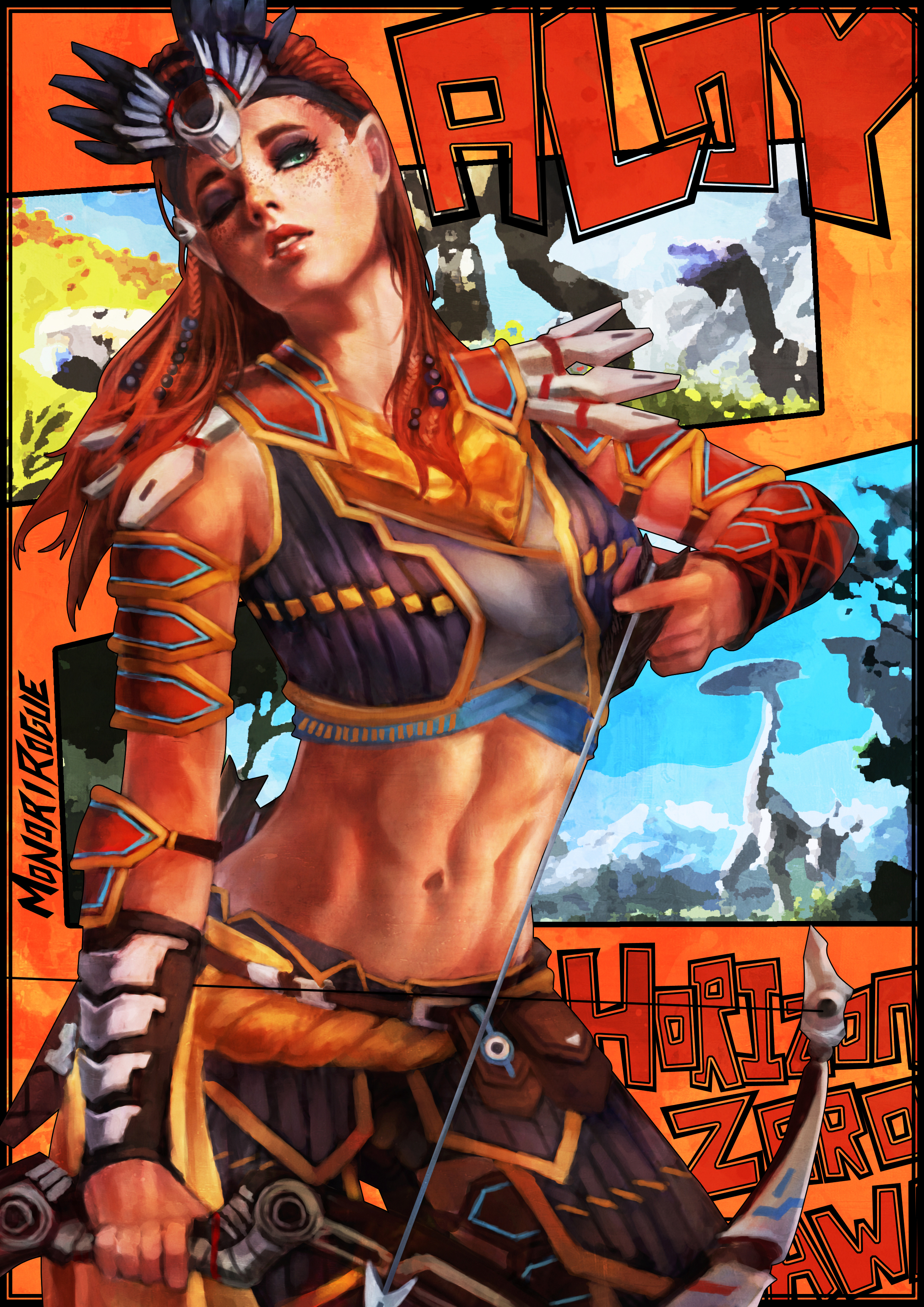 1girls, 2018, aloy, bow (weapon), female, female only, freckles, green eyes, horizon zero dawn, long hair, monorirogue, muscular, muscular female, red hair, redhead, solo, solo female, weapon