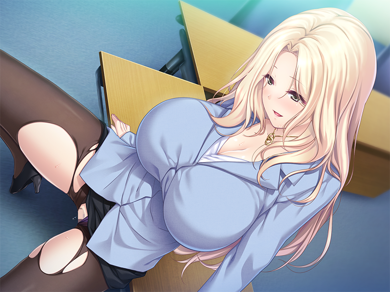 black_skirt blonde_hair blue_shirt blush breasts censored cleavage clothing female from_above game_cg green_eyes groin haga_reina high_heels highres huge_breasts ichikawa_noa indoors legs long_hair looking_down mosaic_censoring naughty_face necklace onee-san_ni_makasenasai!_ryoubo_to_joushi_no_yawaraka_oppai_ni_hasamarete original panties panties_aside pantyhose parted_lips pussy shirt sitting skirt skirt_lift smile solo table thighs torn_pantyhose underwear