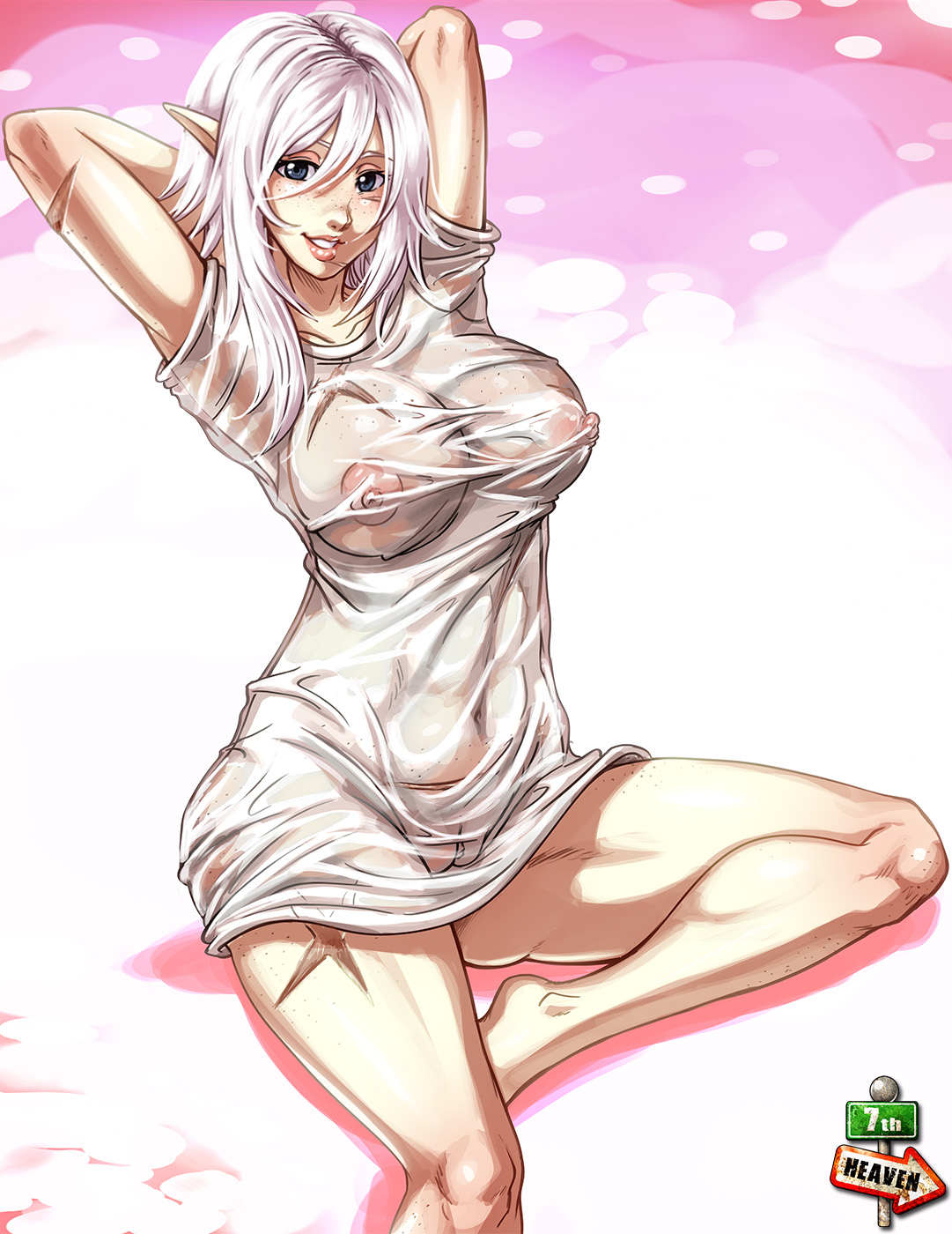 7th-heaven, areolae, big breasts, breasts, female, female only, final fantasy, final fantasy xiv, large breasts, looking at viewer, nipples, pussy, see-through, solo, wet, wet clothes