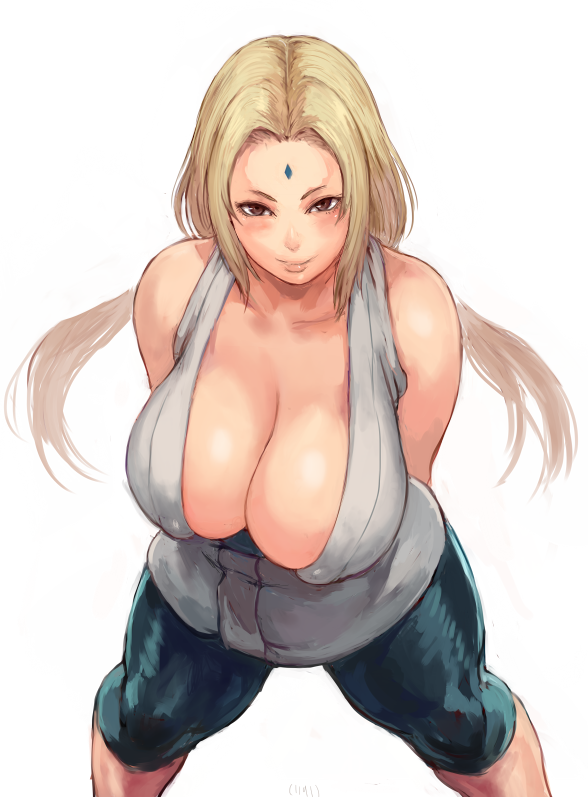 1girls areolae bare_shoulders blonde_hair breasts brown_eyes busty cleavage clothes erect_nipples female huge_breasts human long_hair mikanman naruto nipple_bulge shirt shorts shu-mai smile solo spread_legs text tsunade white_background