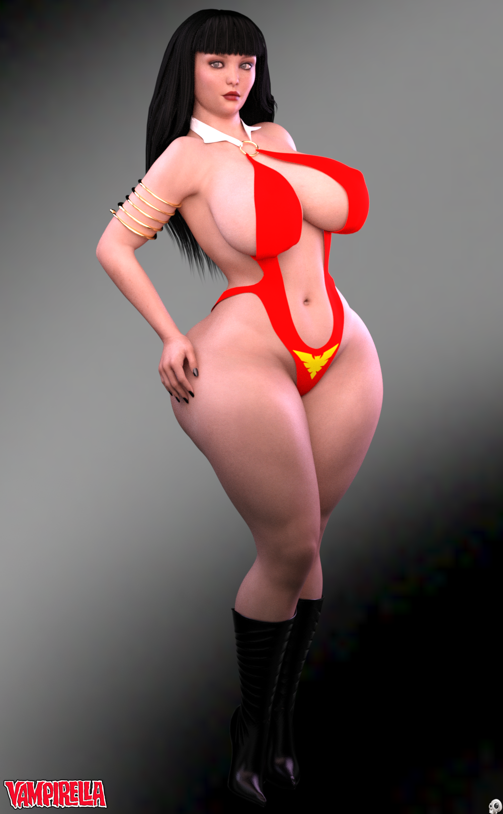 1girls 3d armband bare_shoulders big_breasts black_eyes black_hair busty cleavage curvy dynamite_comics english_text eyelashes female female_only front_view high_heel_boots high_heels hourglass_figure humanoid leotard lipstick long_hair looking_at_viewer makeup nail_polish pose posing red_lipstick shadow simple_background solo standing text thong vampire vampirella voluptuous wide_hips xskullheadx