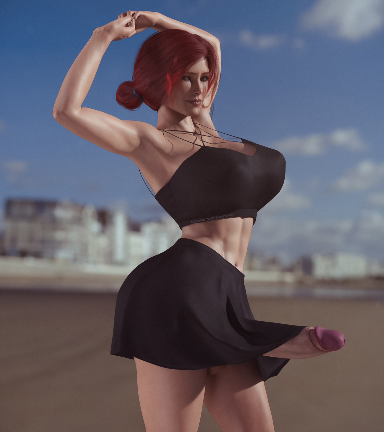 1futa, 3d, ass, balls, balls under clothes, bottomless skirt, breasts, cd projekt red, cleavage, curvy, erect nipples, erection, erection under clothes, erection under skirt, futa only, futanari, huge breasts, huge cock, huge penis, intersex, large ass, looking at viewer, muscular, muscular futa, nipple bulge, nipples, no panties, penis, penis bulge, penis out, penis under clothes, penis under skirt, realistic, skirt, skirt lift, solo, solo futa, stevencarson, the witcher, the witcher (series), the witcher 2, the witcher 3: wild hunt, triss merigold, wide hips