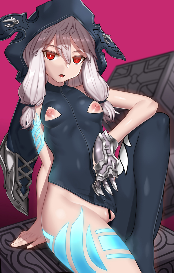 :o arm_support asymmetrical_clothes bar_censor bare_arms bare_shoulders black_bodysuit bodysuit censored chain_chronicle clothing_aside covered_navel cube female flower gauntlets hair_flower hair_ornament hair_tie hood hood_up knee_up long_hair looking_at_viewer lowres nippleless_clothes nipples nt00 open_mouth pussy red_eyes shiny shiny_skin sidelocks silver_hair single_gauntlet sitting skin_tight solo tattoo tsurime yuni_(chain_chronicle)