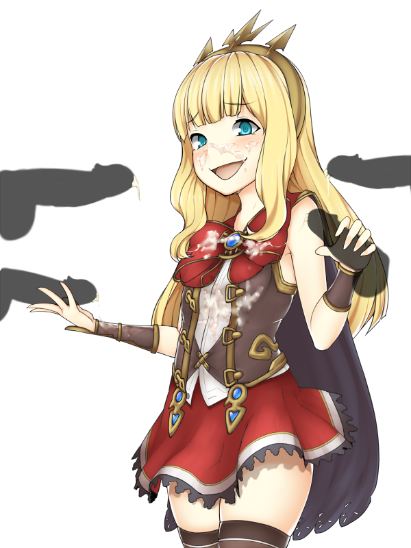 :d aqua_eyes bangs black_cape black_legwear blonde_hair blunt_bangs blush bow cagliostro_(granblue_fantasy) cape cowboy_shot cum cum_on_clothes disembodied_penis double_handjob facial female granblue_fantasy hairband handjob long_hair looking_at_viewer moshi_(atelier33-4) multiple_penises open_mouth penis red_bow red_skirt simple_background skirt sleeveless smile thighhighs vambraces white_background zettai_ryouiki