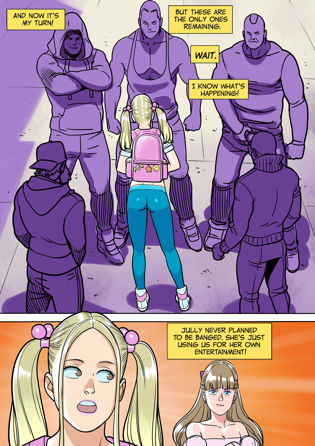 2girls, alley, backpack, blonde hair, blue legwear, comic, female, gangbang, july (tekuho), leggings, lipstick, lisa (tekuho), male, original, tekuho, twintails