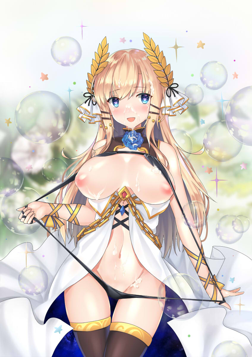 :d azur_lane black_legwear blonde_hair blue_eyes blue_flower blue_rose blush breasts breasts_apart bubble cowboy_shot cum cum_on_body cum_on_breasts cum_on_lower_body cum_on_upper_body eyebrows_visible_through_hair facial female flower groin head_tilt highres inverted_nipples large_breasts laurels long_hair looking_at_viewer navel nipples open_mouth rose sakurai_momoka_no_musuko sling_bikini sling_bikini_aside smile solo sparkle strap_pull swimsuit thighhighs very_long_hair victorious_(azur_lane)