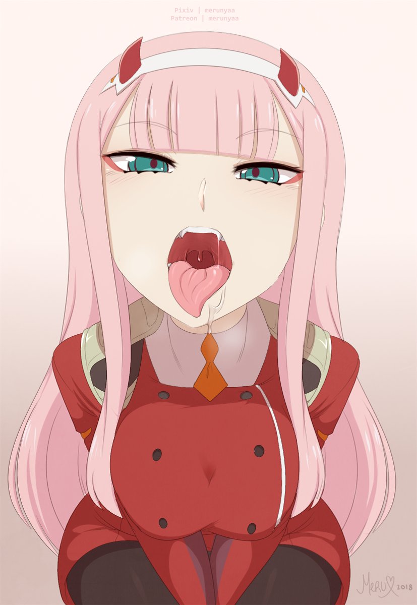 1girls, aqua eyes, big breasts, breasts, cleavage, darling in the franxx, demon, demon girl, demon horns, egirl, female, female only, fringe, green eyes, hime cut, horns, large breasts, light skin, light-skinned female, long hair, looking at viewer, merunyaa, naughty face, open mouth, pale skin, pale-skinned female, petite, pink hair, red eyeliner, solo, teenager, throat, tongue, tongue out, uvula, zero two (darling in the franxx)