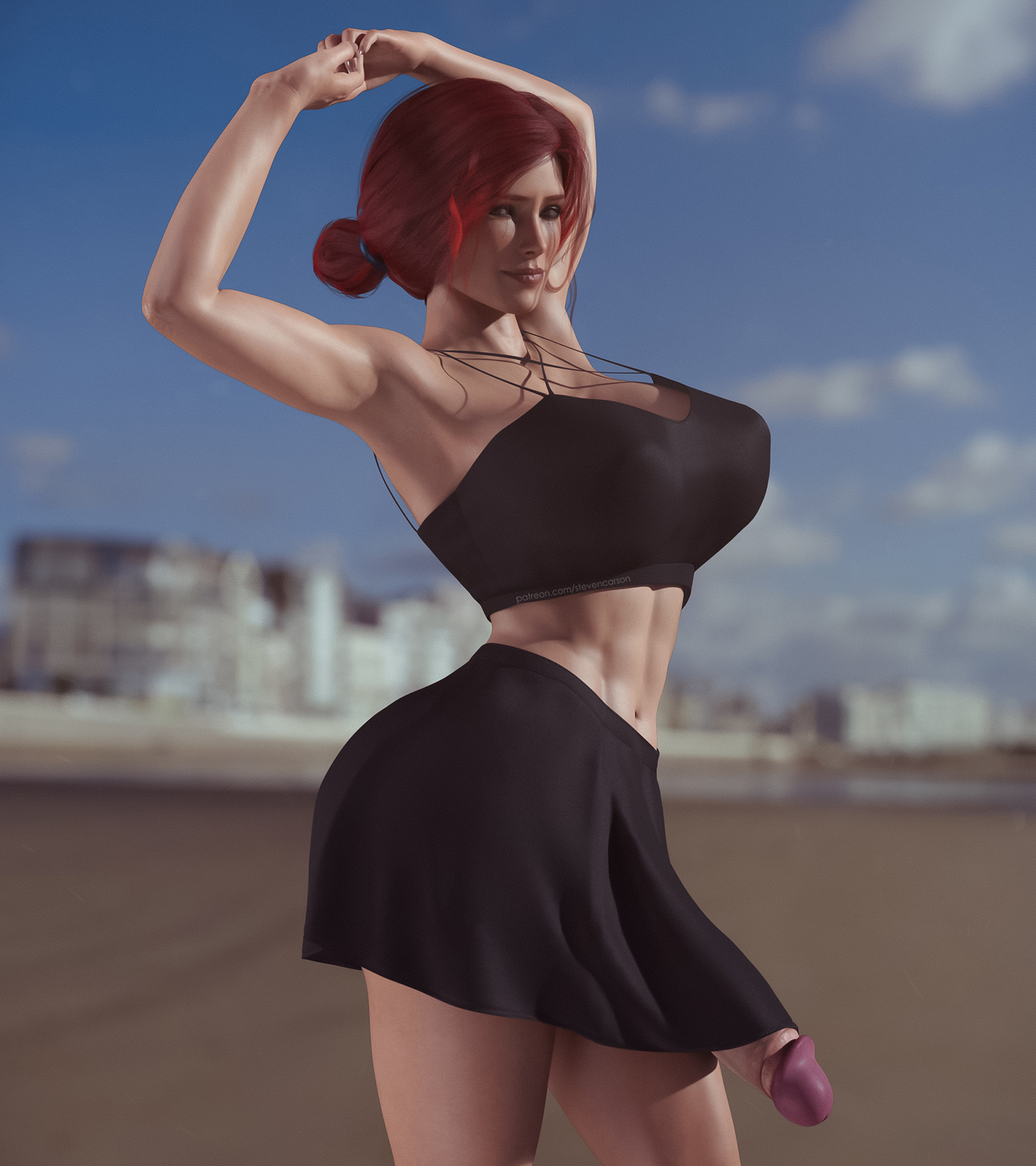 1futa, 3d, ass, balls, balls under clothes, bottomless skirt, breasts, cameltail, cd projekt red, cleavage, curvy, erect nipples, erection under clothes, erection under skirt, futa only, futanari, half-erect, huge breasts, huge cock, huge penis, intersex, large ass, looking at viewer, muscular, muscular futa, nipple bulge, nipples, no panties, penis, penis bulge, penis out, penis under clothes, penis under skirt, realistic, skirt, skirt lift, solo, solo futa, stevencarson, the witcher, the witcher (series), the witcher 2, the witcher 3: wild hunt, triss merigold, wide hips