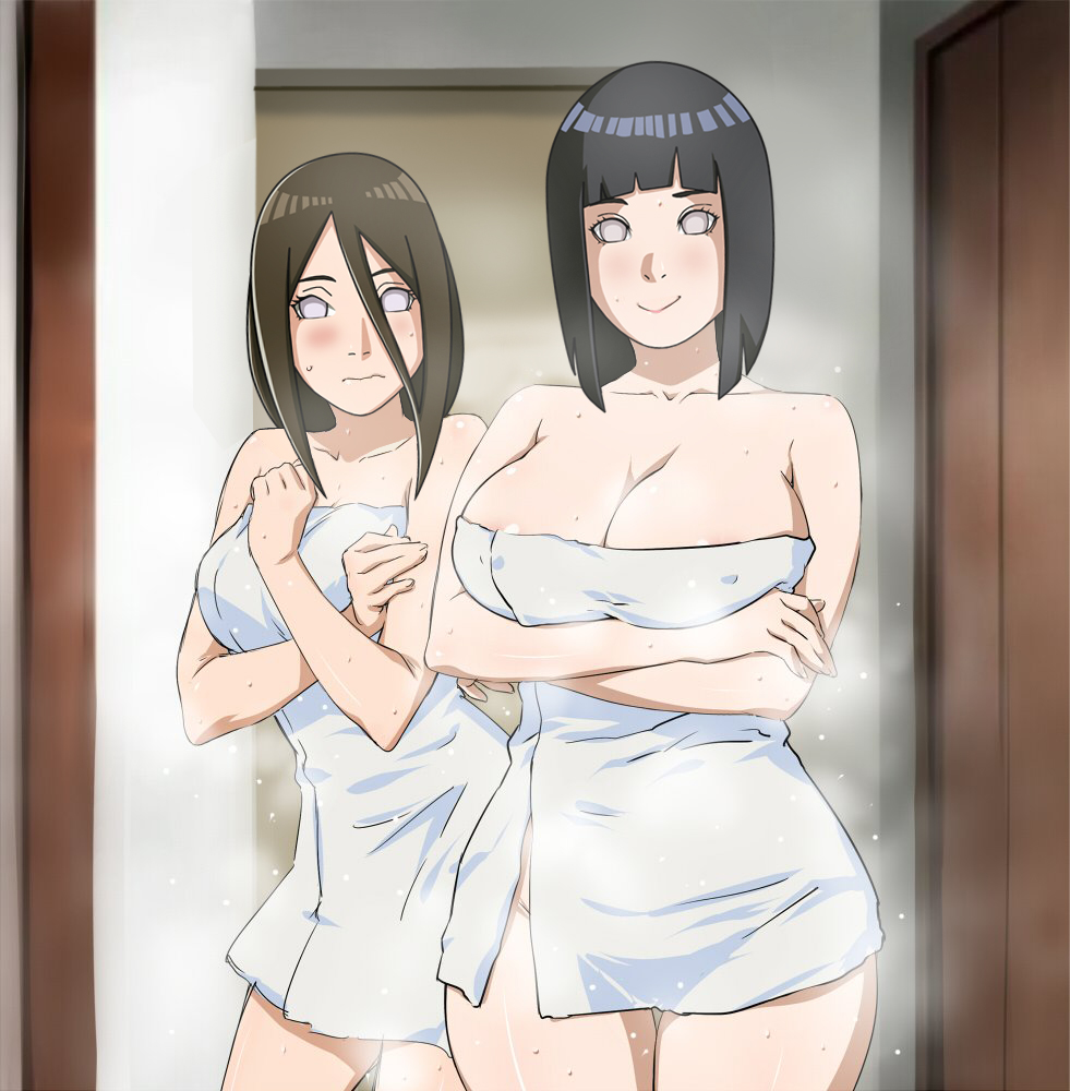 2018 2girls bare_shoulders big_breasts black_hair blush boruto:_naruto_next_generations breasts brown_hair collar crossed_arms eyebrows eyelashes female female_only hair hands huge_breasts human hyuuga_hanabi hyuuga_hinata large_breasts long_hair looking_at_viewer menma777 multiple_girls naruto shiny shiny_skin sisters standing sweat towel tower wet white_eyes