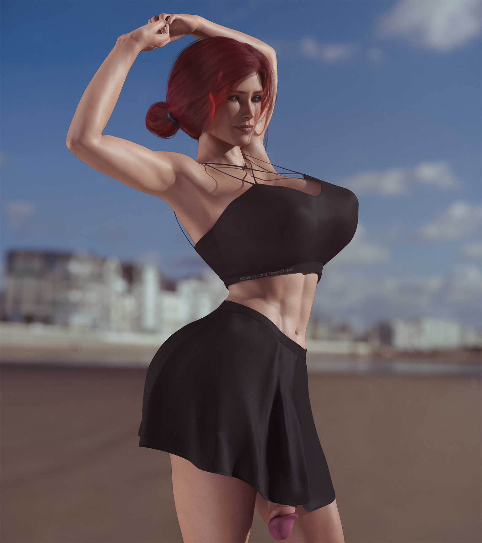 1futa, 3d, ass, balls, balls under clothes, bottomless skirt, breasts, cameltail, casual exposure, cd projekt red, cleavage, curvy, erect nipples, flaccid, futa only, futanari, huge breasts, huge cock, huge penis, intersex, large ass, large penis, looking at viewer, muscular, muscular futa, nipple bulge, nipples, no panties, penis, penis bulge, penis out, penis under clothes, penis under skirt, realistic, skirt, solo, solo futa, stevencarson, the witcher, the witcher (series), the witcher 2, the witcher 3: wild hunt, triss merigold, wide hips