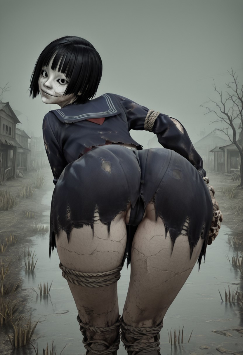 ai generated, ass, ayakakashi, doll, doll girl, female, monster girl, nightmare waifu, school uniform, schoolgirl, silent hill, silent hill f, skirt