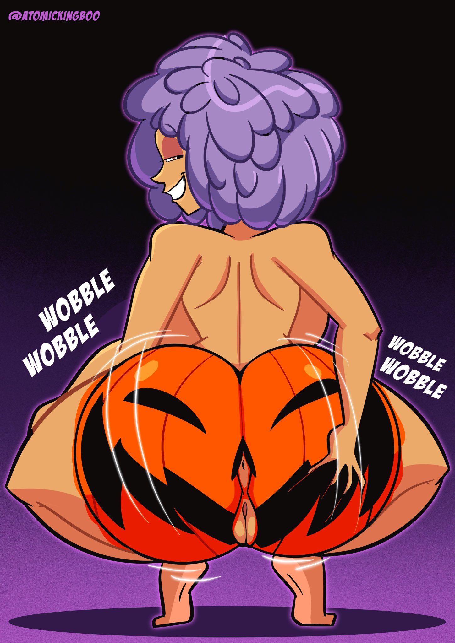 1girls, 2025, anus, artist name, ass, ass focus, ass paint, atomickingboo, big ass, big breasts, breasts, completely nude, completely nude female, english, english text, female, female focus, female only, huge ass, jack-o'-lantern, light skin, light-skinned female, luna starlene, nude, nude female, oc, onomatopoeia, original, original character, paint, painted butt, pumpkin, pumpkin butt, purple hair, purple hair female, pussy, rear view, solo, solo female, solo focus, text, the besties (atomickingboo), thick thighs, thighs