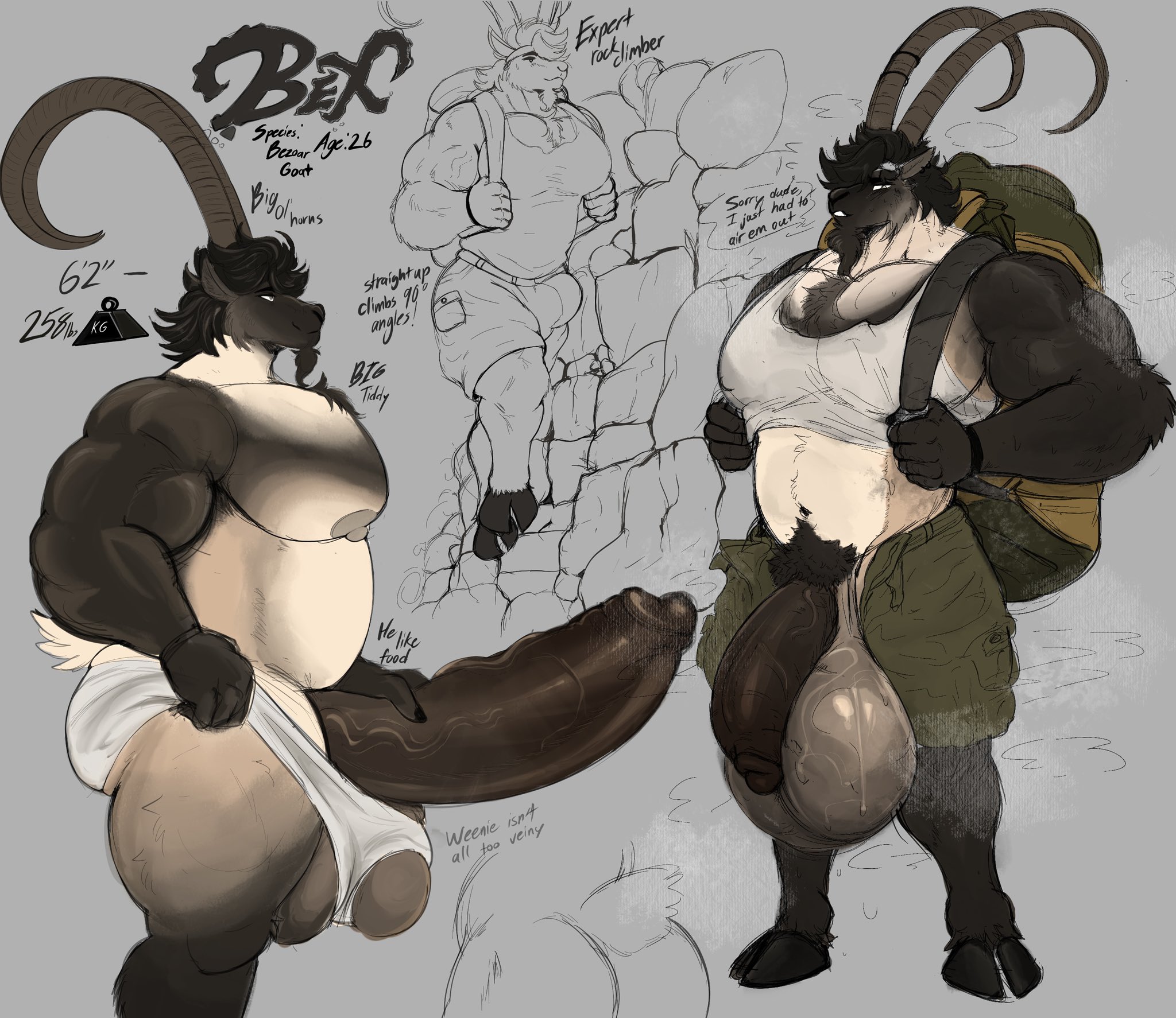 1boy, 1male, alpine goat, anthro, anthro male, backpack, balls, balls out, balls out of pants, big balls, big belly, big moobs, big pecs, big pectorals, big penis, black fur, black glans, black hair, black hair male, black penis, black pubes, black pubic hair, caprine, caprine horn, caprine horns, caprine humanoid, character profile, character sheet, chest hair, chest tuft, clothed, clothed male, clothing too small, english dialogue, english text, erection, flaccid penis, furry, furry male, goat, goat boy, goat hooves, goat horns, goat humanoid, goat tail, goatee, green shirt, green shorts, hairy chest, hanging balls, hard cock, hard on, hard penis, height, hiker, humanoid, humanoid genitalia, humanoid penis, looking at viewer, low hanging balls, male, male anthro, male furry, massive balls, massive penis, muscles, muscular, muscular anthro, muscular male, nipples covered, oc, open shorts, original character, partially clothed, partially clothed anthro, partially clothed male, partially nude, partially nude male, pectorals, penis, penis bigger than arm, penis out, penis out of shorts, pubes, pubes exposed, pubic hair, schmuckless, shirt, shorts, solo, solo anthro, solo male, speaking, speaking to viewer, sweat, sweating, sweaty, sweaty balls, talking, talking to viewer, tight clothes, tight clothing, too small clothes, veiny, veiny penis, weight, white body, white shirt