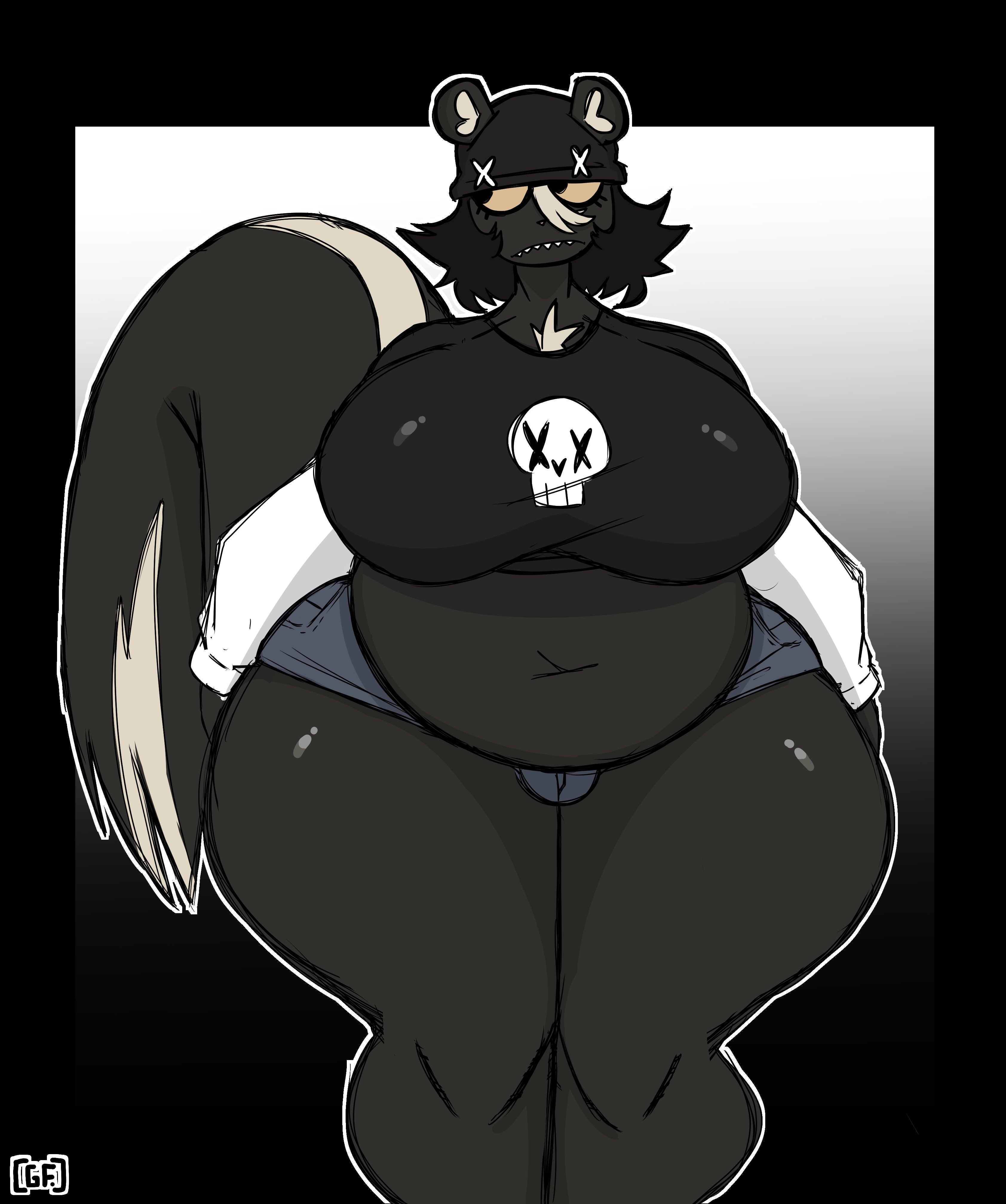 1futa, anthro, big breasts, black body, black hair, breasts, breasts bigger than head, bulge, chubby, chubby futa, clothing, curvaceous, curvy, curvy figure, front view, furry, futa only, futanari, ghostfuckrr, huge breasts, long hair, mostly clothed, original, original character, siouxsie (ghostfuckrr), skunk, solo, solo futa, tail, thick thighs, voluptuous, voluptuous futanari, wide hips