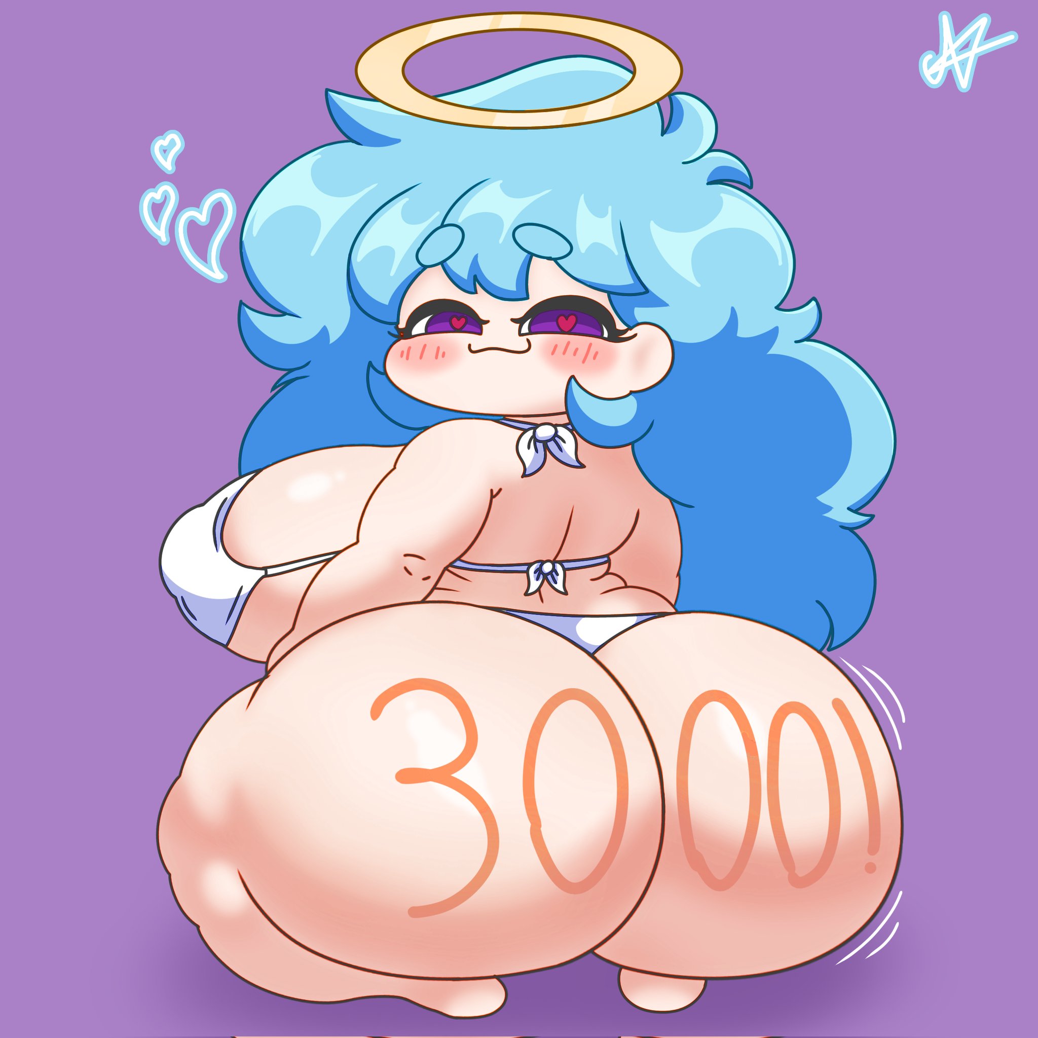 1female, 1girls, 2d, 2d (artwork), 2d artwork, artist signature, ass, ass bigger than head, ass focus, back view, bedroom eyes, big ass, big breasts, blue hair, blue hair female, blush, blushing, blushing at viewer, blushing female, breasts, breasts bigger than head, chubby, chubby female, cute, cute face, cute female, fanart, female, female focus, female only, follower celebration, friday night funkin, friday night funkin mod, halo, heart, heart eyes, heart-shaped pupils, huge ass, huge breasts, jiggle, jiggling ass, large breasts, light skin, light-skinned female, long hair, looking at viewer, looking back, milestone celebration, motion lines, nitnat, number, numbers on body, shortstack, sideboob, simple background, sitting, sitting down, skyblue, skyblue (friday night funkin), skyverse, solo, solo female, solo focus, stubby legs, thicc, thong, twitter link, underwear, white bikini, white thong