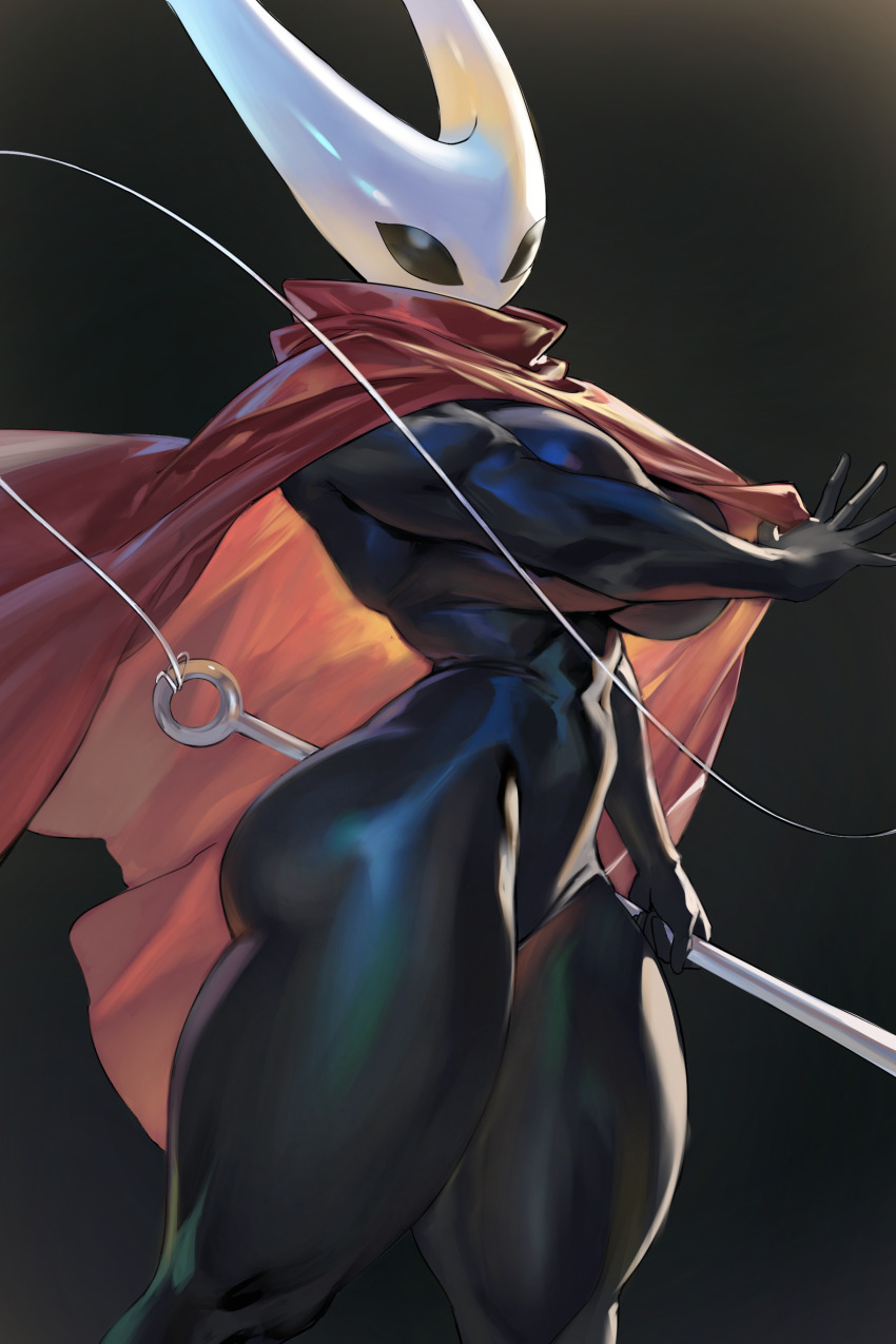 1girls, almost nude, arachnid humanoid, covering breasts, curvy female, demigodess, female knight, fit female, hollow knight, hollow knight (franchise), hollow knight: silksong, hornet (hollow knight), princess, red cloak, royalty, taiyang yu