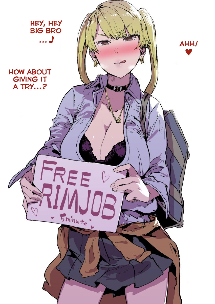 bag black_bra blonde_hair blush bra breasts cleavage female free_rimjob gyaru hard_translated highres jewelry large_breasts licking_lips necklace oosawara_sadao original school_bag sign skirt tongue tongue_out translated twintails underwear