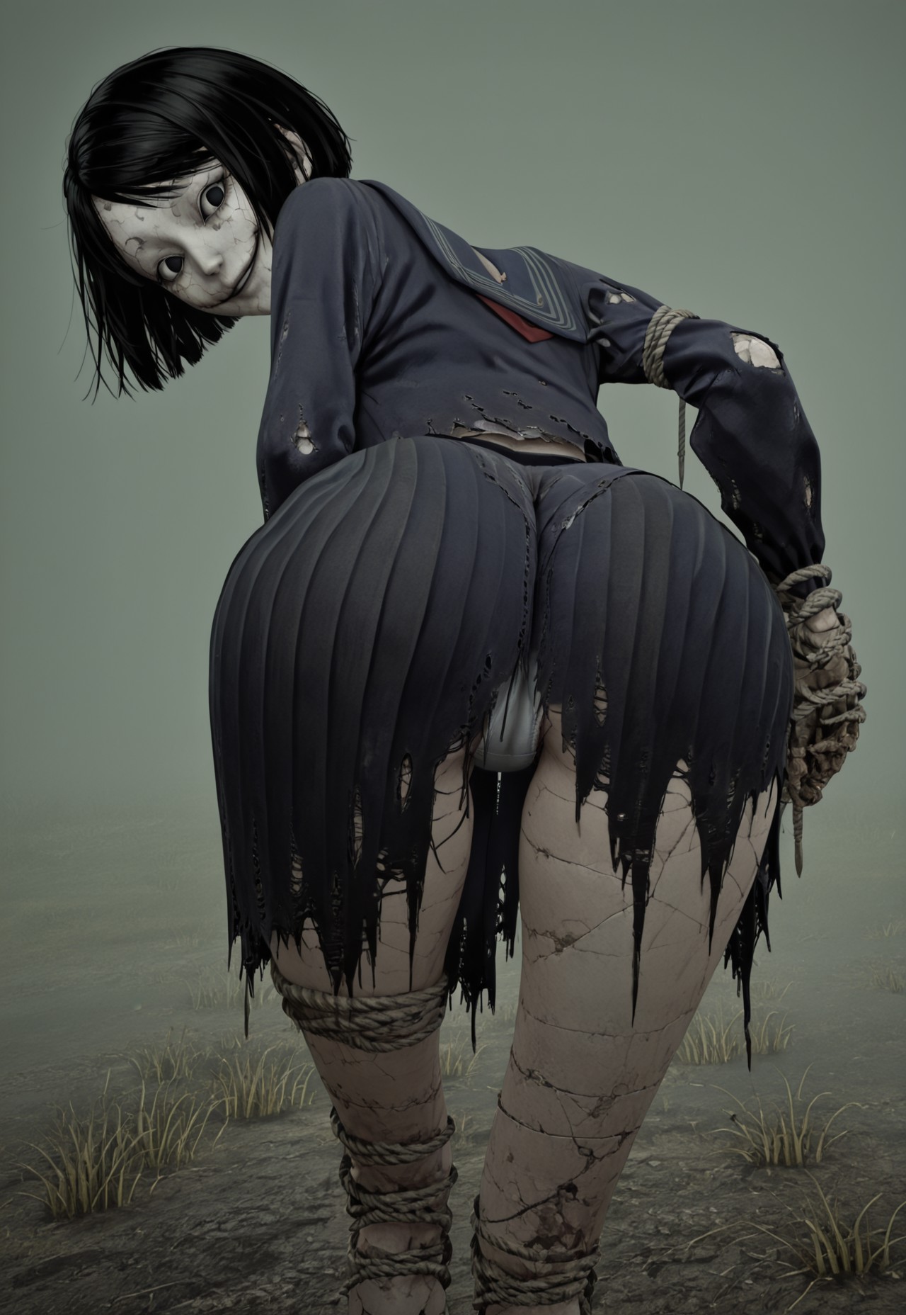 ai generated, ass, ayakakashi, doll, doll girl, female, monster girl, nightmare waifu, school uniform, schoolgirl, silent hill, silent hill f, skirt