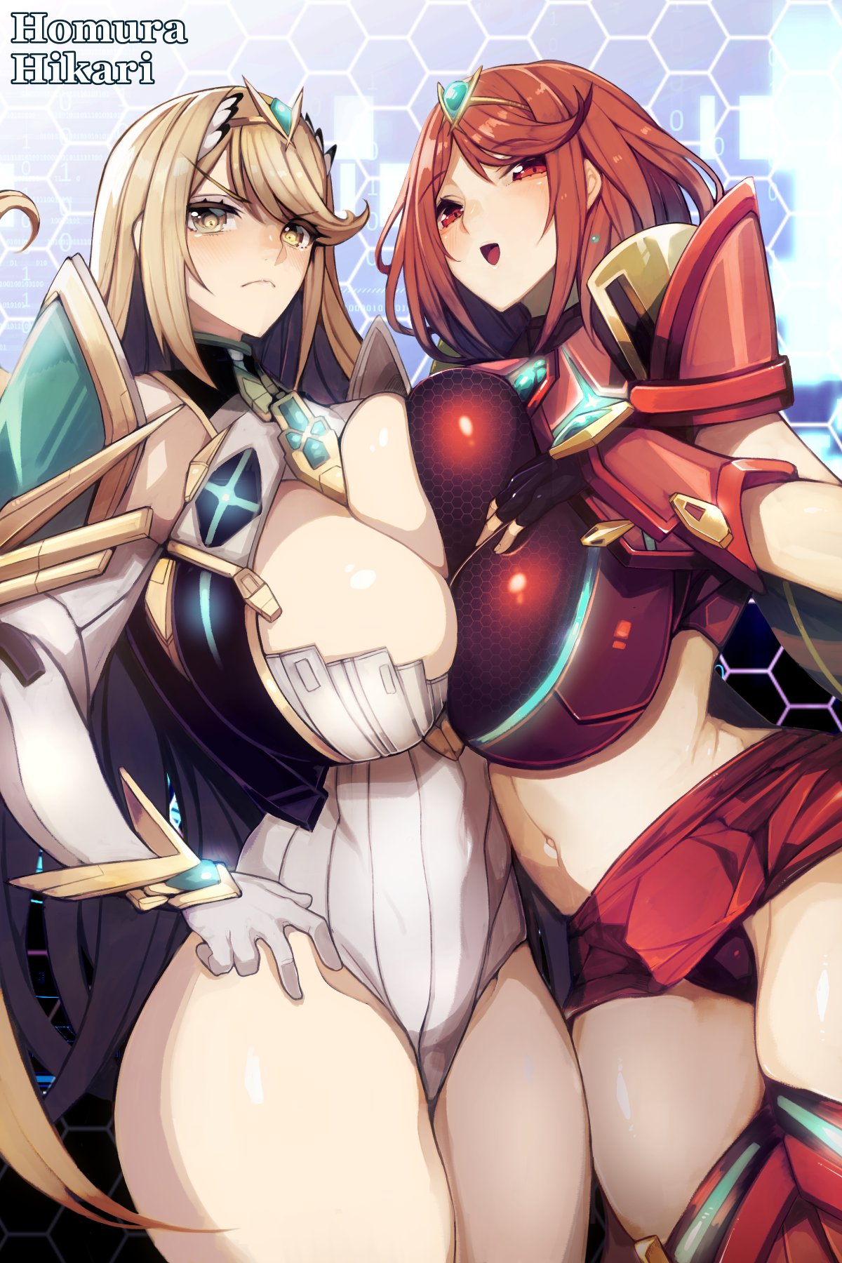 2girls, armor, asymmetrical docking, bangs, blonde hair, blush, breast press, breasts, center opening, character name, cleavage, dress, eyebrows visible through hair, female, fingerless gloves, gloves, hair ornament, hand on own chest, highres, jewelry, kamaboko (ossann0125), large breasts, leotard, long hair, looking at viewer, midriff, multiple females, multiple girls, mythra, navel, nintendo, open mouth, panties, pantyshot, pyra, red eyes, red hair, short hair, simple background, smile, swept bangs, symmetrical docking, underwear, vambraces, white background, xenoblade (series), xenoblade chronicles 2, yellow eyes