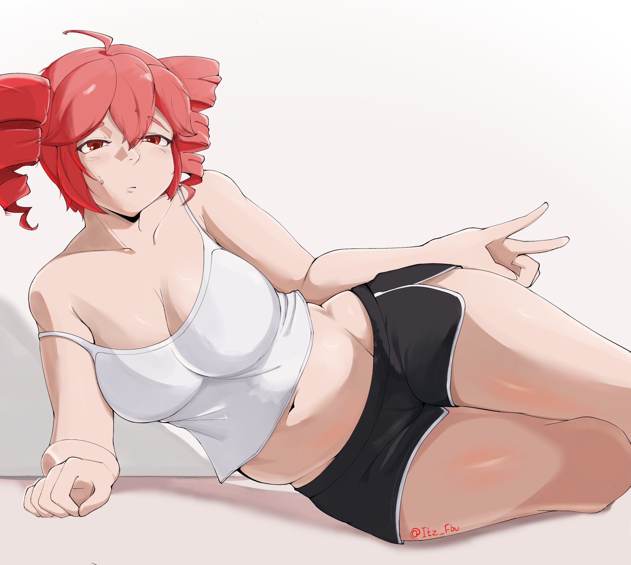 1girls, 2d, 2d (artwork), ahoge, belly, big belly, big breasts, big thighs, blouse, breasts, chubby, chubby female, cleavage, clothed, clothed female, clothing, curvaceous, curvy, curvy female, curvy figure, dolphin shorts, exposed belly, fat thighs, female, female only, fully clothed, gym shorts, half-closed eyes, hips wider than shoulders, huge breasts, huge thighs, itzfbu, kasane teto, large breasts, large thighs, laying down, laying on floor, laying on side, looking at viewer, navel, no bra, peace sign, plump, plump breasts, plump thighs, posing, red eyes, red hair, resting on arm, seductive, seductive pose, shiny skin, shirt, short shorts, shorts, solo, solo female, strap slip, sweat, sweating, thick thighs, thighs, thighs bigger than head, thighs together, twin drills, utau, voluptuous, voluptuous female, wide hips