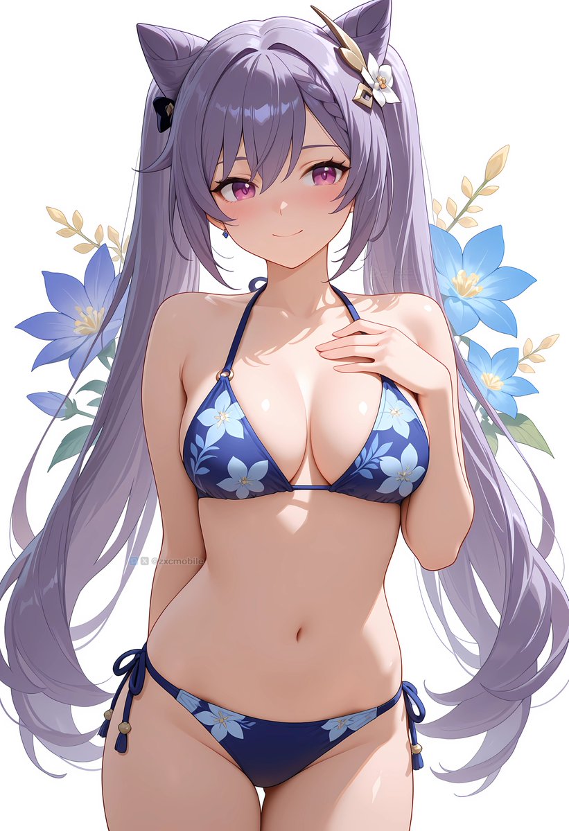 2025, agathosarts, ai generated, belly, blue bikini, blush lines, female, female only, flower background, flower bikini, flower in hair, genshin impact, keqing (genshin impact), looking at viewer, pink blush, pink eyes female, purple eyebrows, purple hair female, rpg game, smile at viewer, smiling at viewer, tummy, video game, white background, x (social media)
