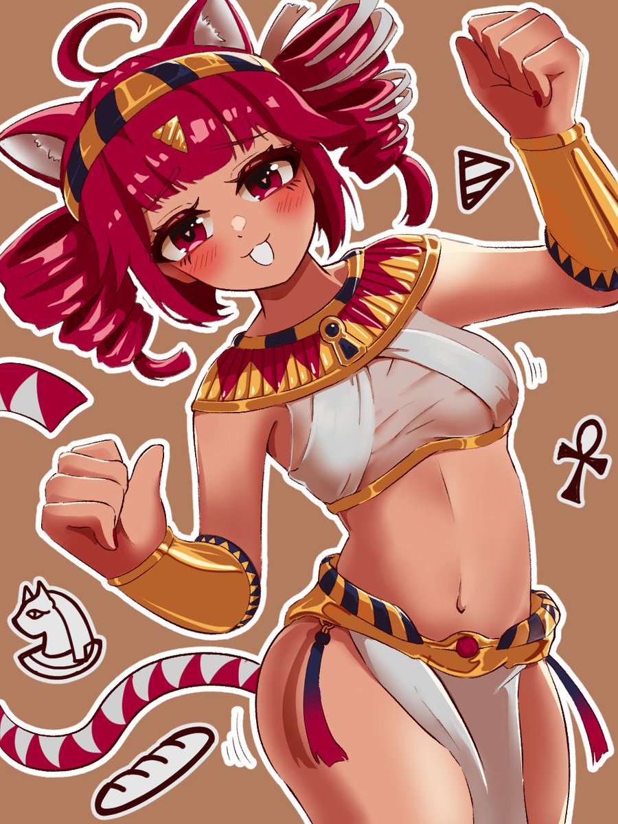 :3, 1girls, 2d, 2d (artwork), ahoge, alternate hairstyle, alternate skin color, bamboo rindou, belly, big thighs, blush, blush lines, bracelets, breasts, cat ears, cat tail, catgirl, clothed, clothed female, clothing, curvaceous, curvy, curvy female, curvy figure, dark-skinned female, doodles, egyptian, egyptian cat, egyptian clothes, egyptian female, exposed belly, exposed midriff, exposed thighs, eyelashes, female, female only, fully clothed, hair ornament, huge thighs, kasane teto, kasane teto (sv), large thighs, loincloth, looking at viewer, medium breasts, motion lines, navel, open mouth, pose, posing, red eyes, red hair, revealing clothes, simple background, slim waist, solo, solo female, synthesizer v, thick thighs, thighs, twin drills, utau, wide hips