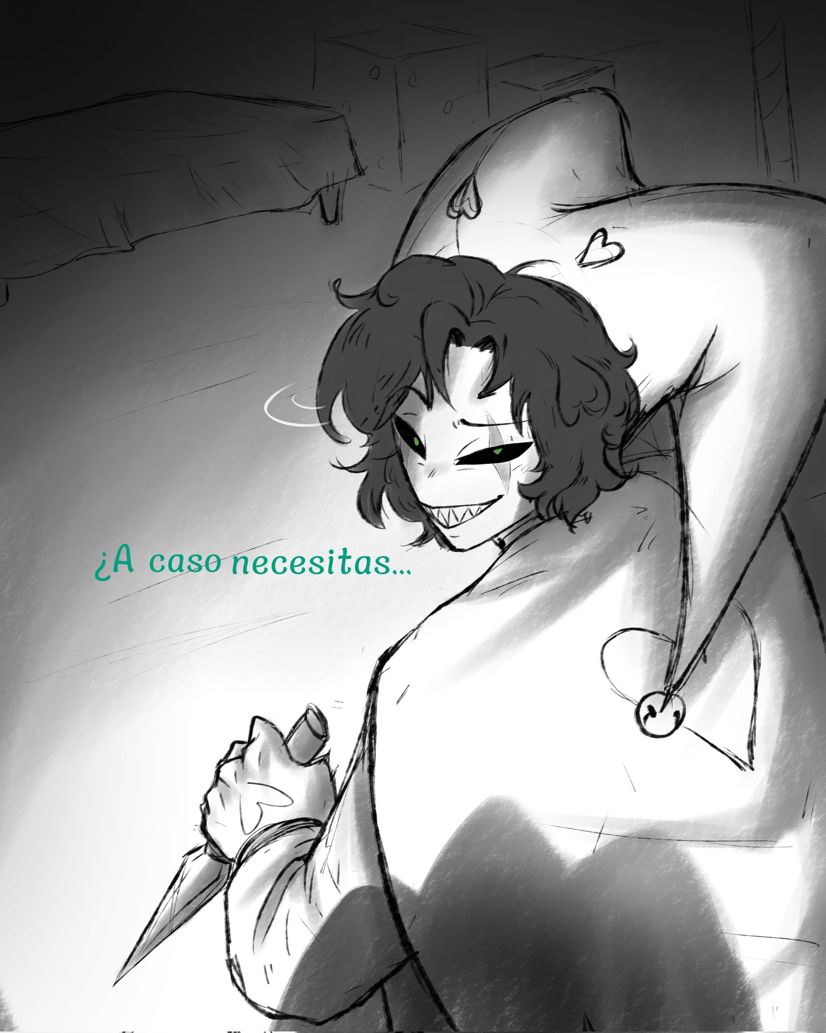 ..., 1boy, 1boys, 1male, 1males, 1man, 1men, 2boy, 2boys, 2d, 2d (artwork), 2d artwork, 2male, 2males, 2man, 2men, bells, black hair, black sclera, colorless, comic, comic page, fully clothed, fully clothed male, fully dressed, gay, gay male, grayscale, green eyes, greyscale, hamk kom, harlequin (the freak circus), heart, heart symbol, hearts, holding object, homo, homoerotic, homosexual, homosexual male, implied rape, jester cap, jester costume, jester hat, jester outfit, knife, male, male/male, minicomic, page 2, page number, pierrot (the freak circus), questionable consent, sexual harassment, shadow, sharp teeth, short hair, smile, smiling, smiling at another, spanish, spanish commentary, spanish dialogue, spanish text, tagme, tfc, the freak circus, throwing knife, uncolored, wavy hair, yaoi