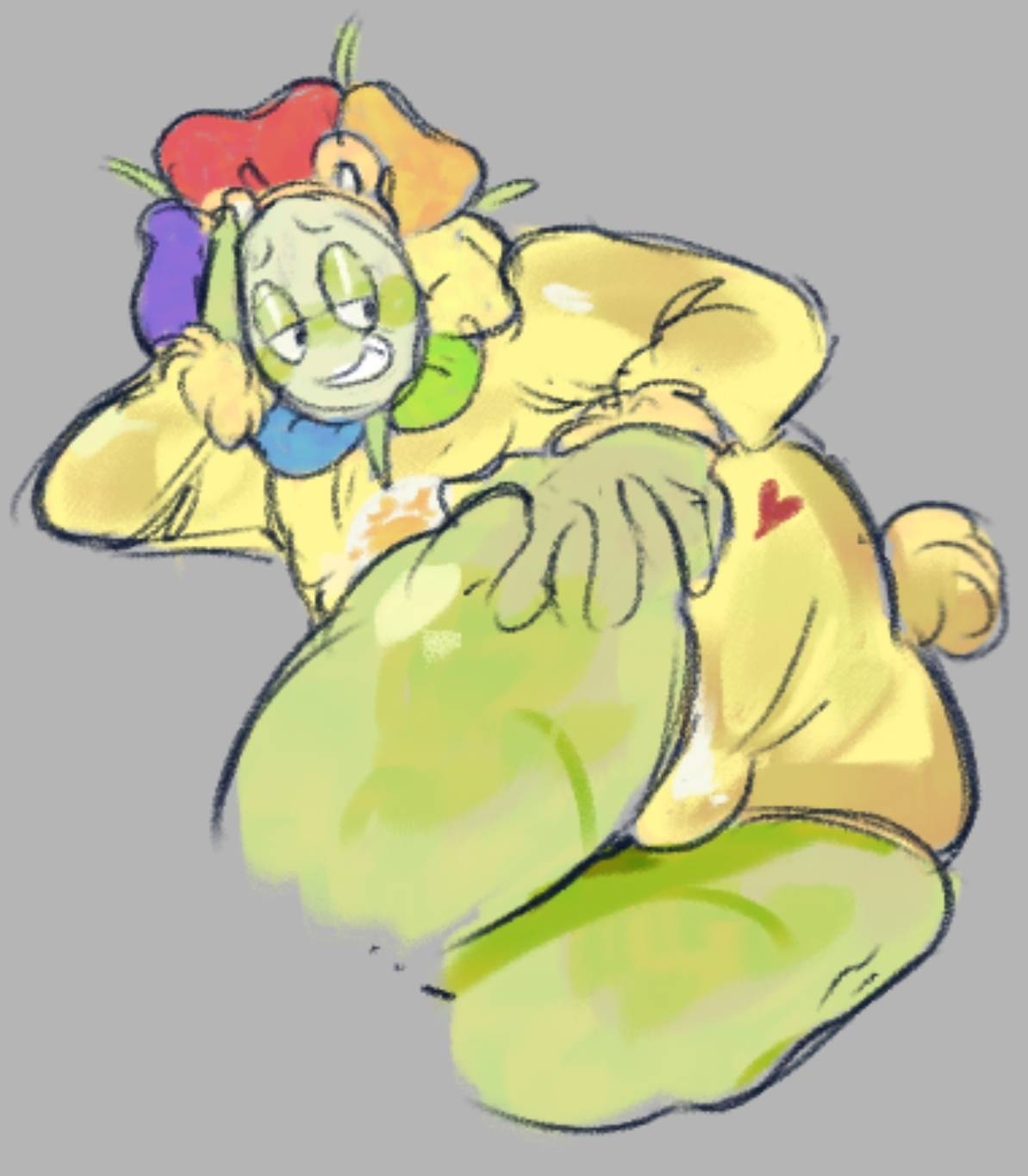 bulge, bulge through clothing, chubby male, dandy (dandy's world), dandy's world, male, smirking, spread ass, yellow clothing