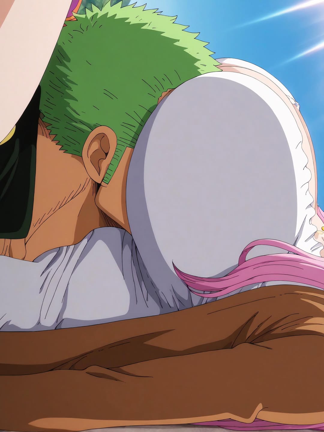 1boy, 1girl1boy, 1girls, aged up, between breasts, breasts, female, green hair, green-haired male, huge breasts, jewelry bonney, male, one piece, pink hair, pink-haired female, roronoa zoro, sleeping, straight