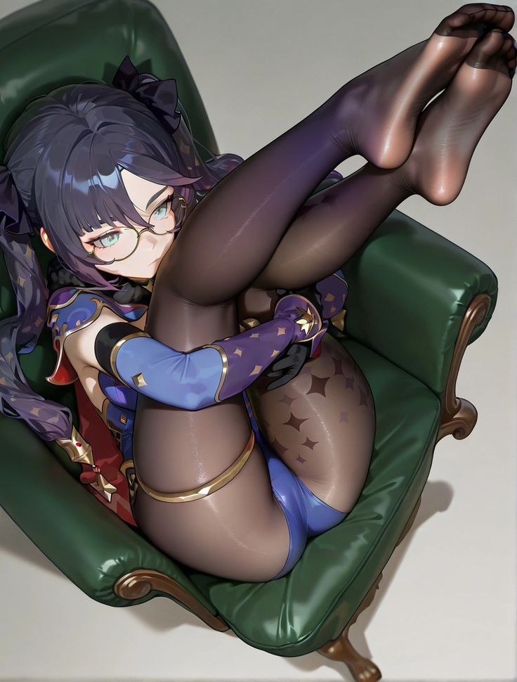 ai generated, blue eyes, feet, female, genshin impact, glasses, lifting legs, light-skinned female, mona (genshin impact), no reaction, pussy, pussy visible through clothes, sitting on chair, tights