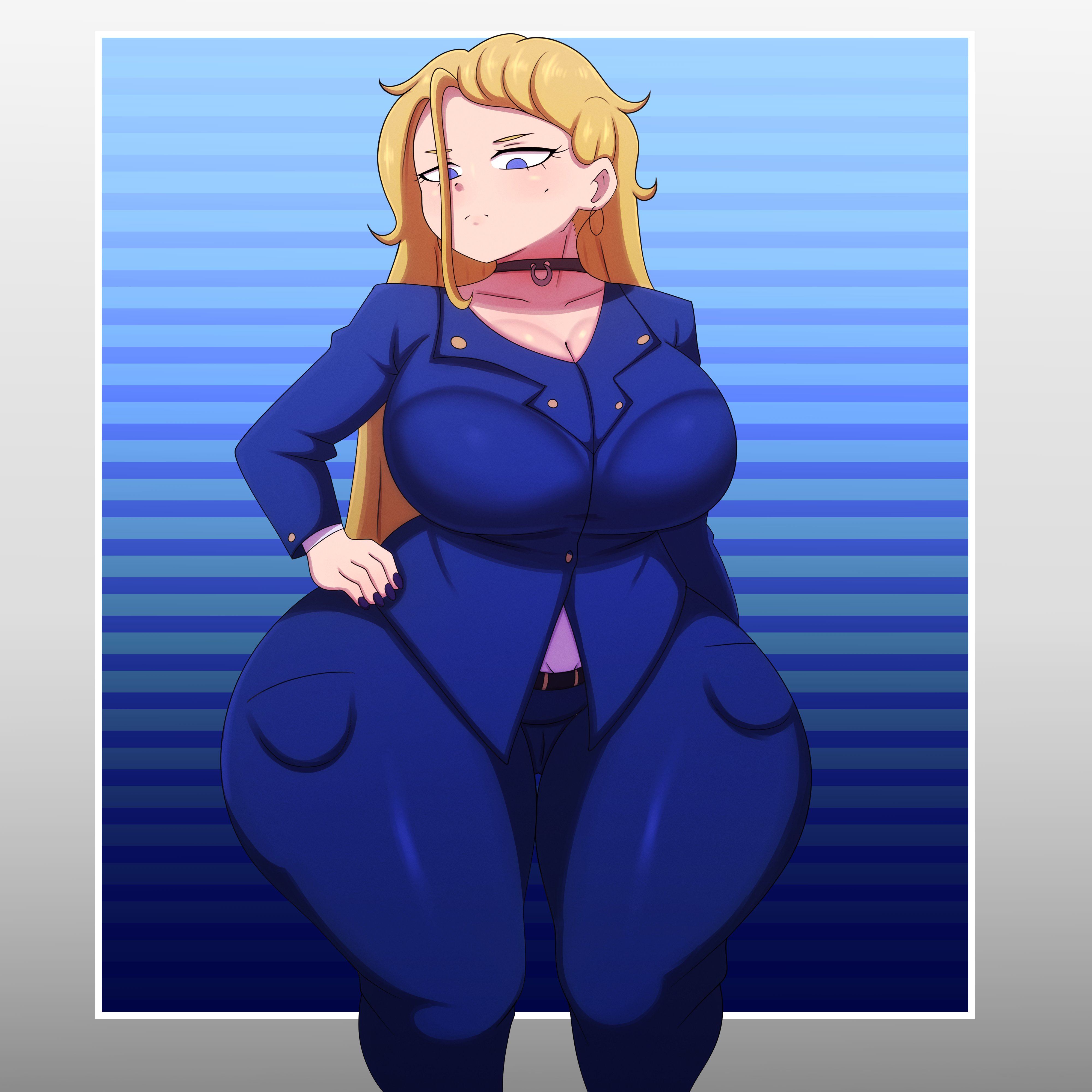 1girls, big breasts, blonde hair, blue eyes, breasts, child bearing hips, cleavage, collar, female, female only, hand on hip, huge breasts, jackov, looking at viewer, looking down, oc, original, original character, thick thighs, thunder thighs