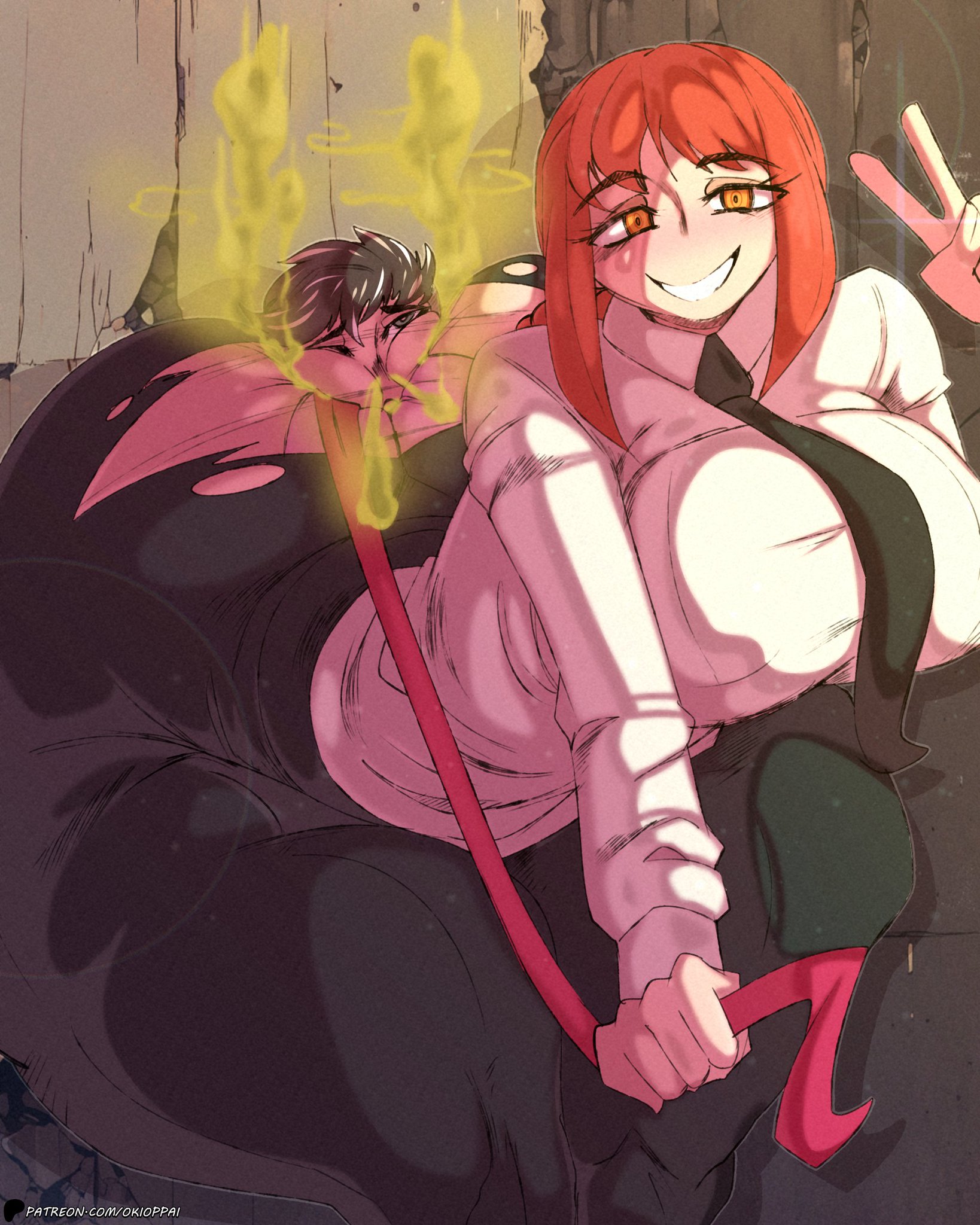 1boy1girl, big ass, chainsaw man, eating farts, face in ass, fart, fart cloud, fart fetish, female, femdom, huge ass, hyper ass, leash, makima (chainsaw man), makima fart inflation, meme, oc, oki (okioppailegit), okifetish, okioppai