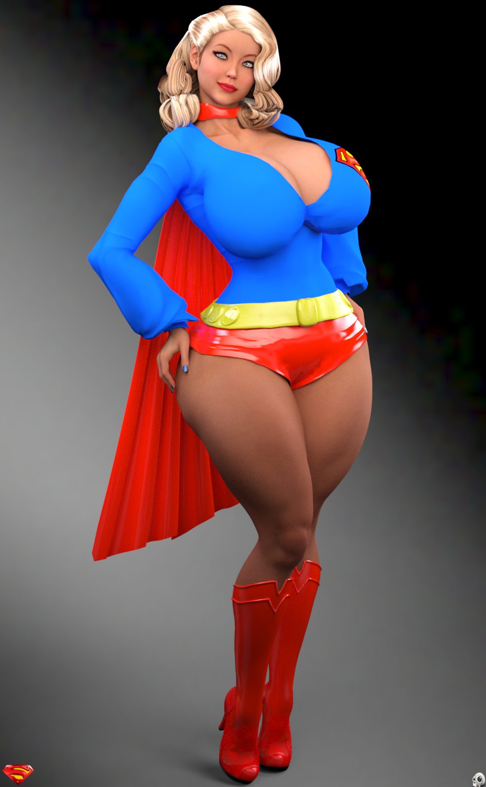 1girls 3d alien alien_girl areola_slip big_breasts blonde_hair blue_eyes boots busty cape choker cleavage curvy dc dc_comics english_text eyelashes female female_only front_view high_heel_boots high_heels hourglass_figure humanoid kryptonian lipstick long_hair looking_at_viewer makeup nail_polish pose posing red_lipstick shadow simple_background solo standing superheroine superman_(series) superwoman voluptuous wide_hips xskullheadx yellow_hair