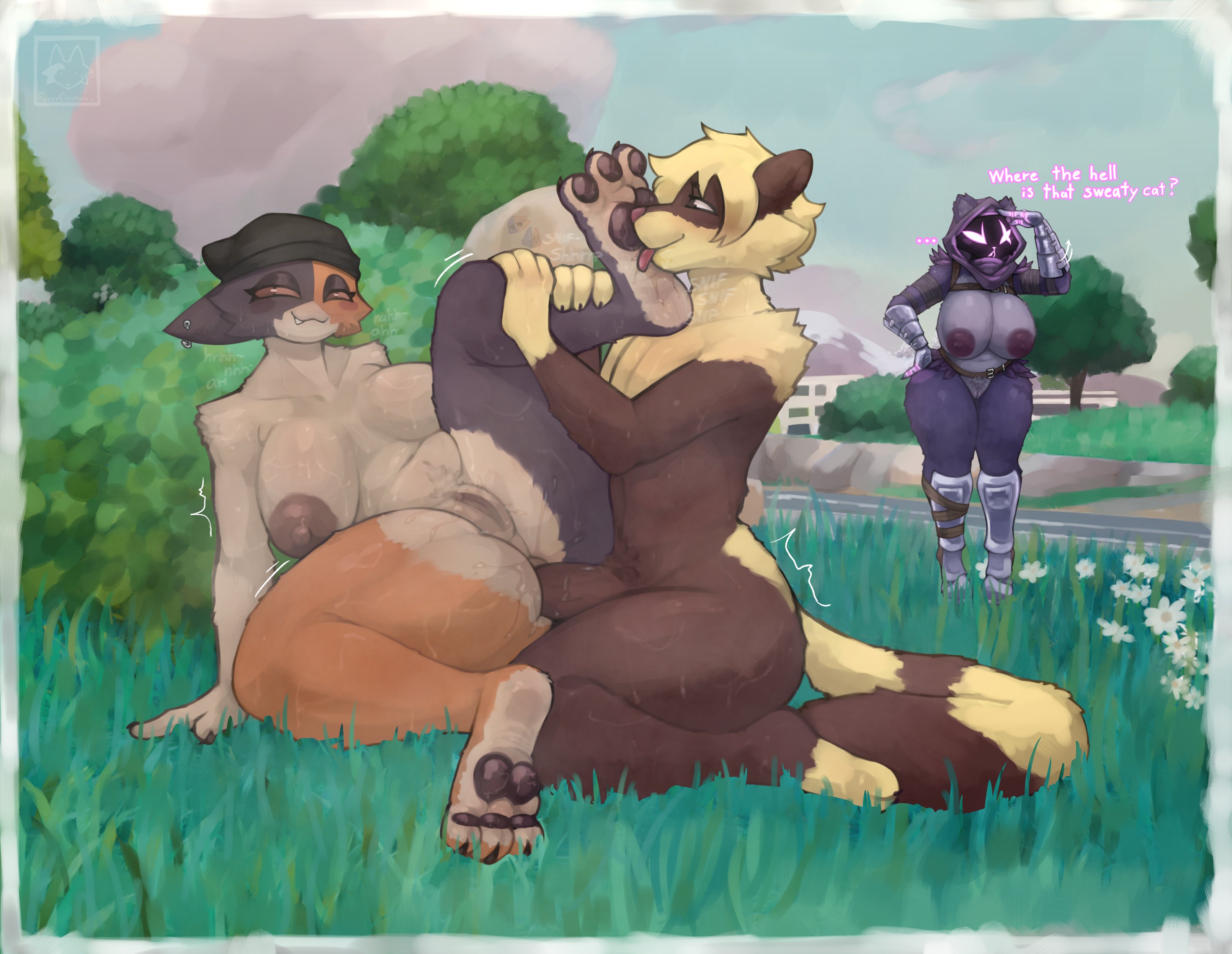 absurd res, anal, anthro, calico cat, domestic cat, epic games, feet, felid, feline, felis, female, foot fetish, foot lick, foot play, fortnite, fuzzycreature, group, hi res, licking, male, male/female, mammal, meow skulls, meow skulls (fortnite), raven team leader, tongue, trio