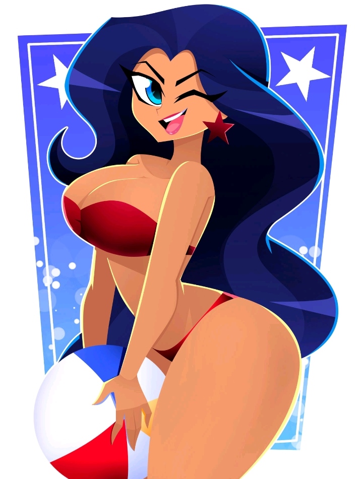 2024, 2d, 5 fingers, beach ball, big cleavage, big thighs, bikini, blue eyes, blue hair, breasts, breasts bigger than head, cartoon network, cleavage, dc, dc comics, dc super hero girls, deviantart link, diana of themyscira, diana prince, diana prince (shg), earring, fanart, female, happy, holding ball, holding object, huge breasts, long hair, no ai, one eye closed, one eye open, red bikini, red panties, smile, solo, star earrings, strapless bikini, strapless bra, superheroine, teeth, two-piece swimsuit, upper teeth, western cartoon, wonder woman, wonder woman (shg), xan (artist), xan-gelx, xan-gelx (xan), xan-gelx(xan)