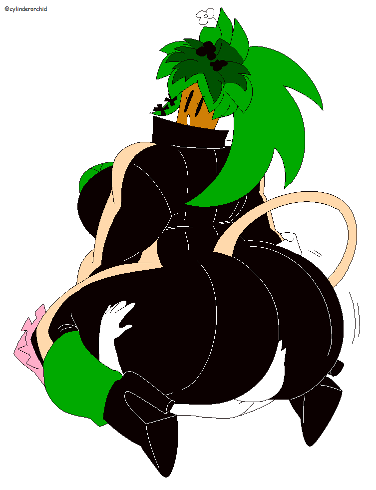 blaster master, blaster master zero 2, cylinderorchid, green hair, green skin, heels, kanna (blaster master), plantie, plantigrade, sitting on face, sitting on person, surprised expression, tail