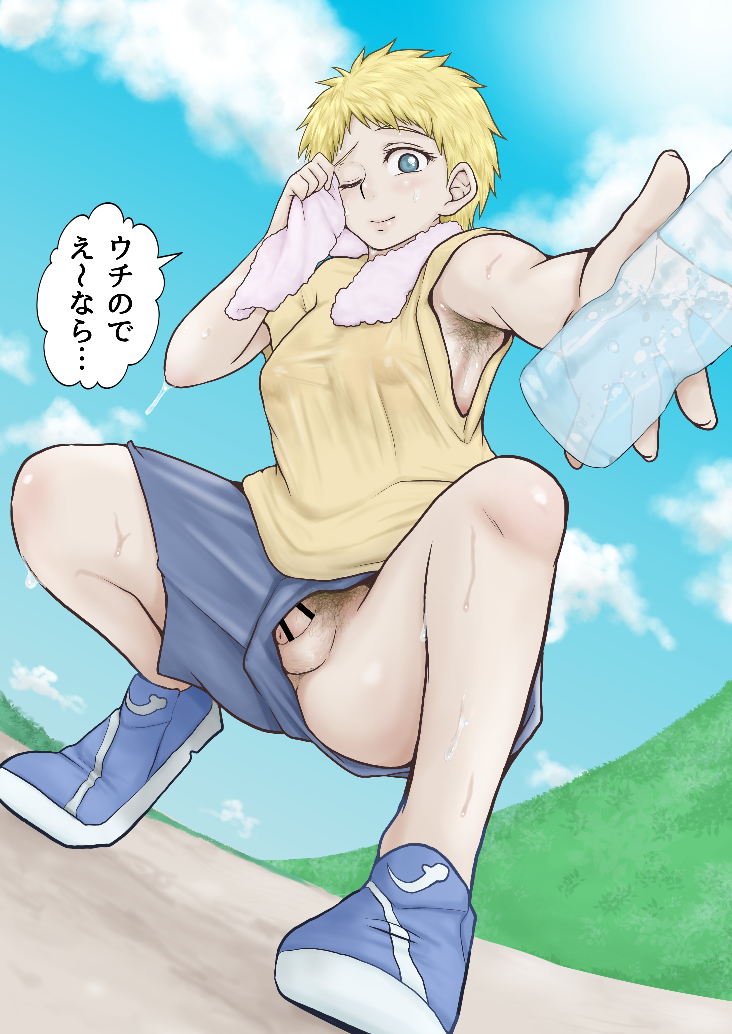 armpit hair, blonde hair, blue eyes, bottle, censored, female, foreskin, futanari, intersex, penis, penis slip, penis through leghole, seiekikakeru, shirt, shoes, short hair, shorts, small penis, smile, squatting, tomboy, uncircumcised, wardrobe malfunction, water bottle