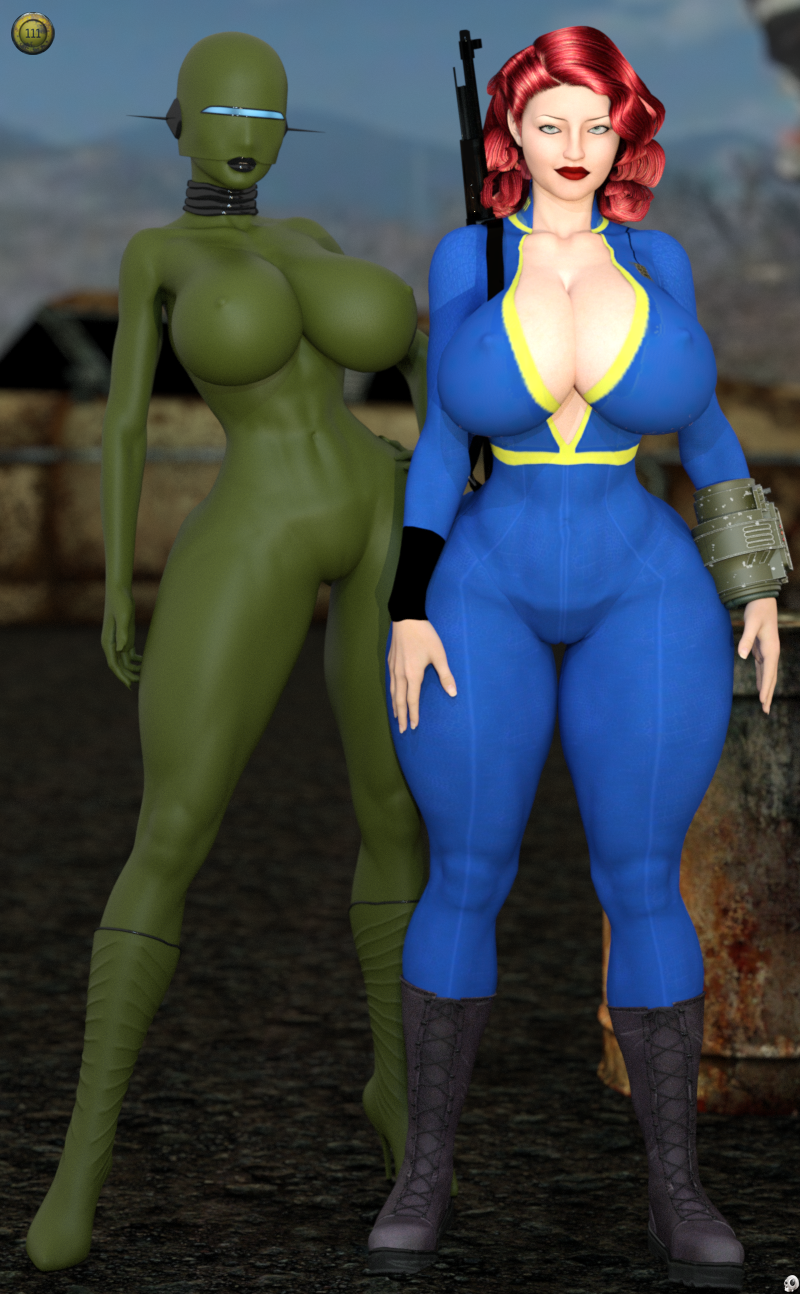 2girls 3d android bald bethesda_softworks big_breasts black_lips bodysuit boots breasts busty cleavage clothed clothed_female_nude_female clothing computer curvy detailed_background duo electronics erect_nipple erect_nipples fallout fallout_4 female female_only fembot_(xskullheadx) firearm footwear front_view gun hourglass_figure human humanoid jumpsuit lipstick looking_at_viewer makeup naked nipple_bulge nude outdoor outdoors outside pale_skin pip-boy pose posing red_hair red_lipstick rifle standing text thick_thighs vault_girl vault_suit video_game video_games voluptuous watermark weapon wide_hips wristwear xskullheadx