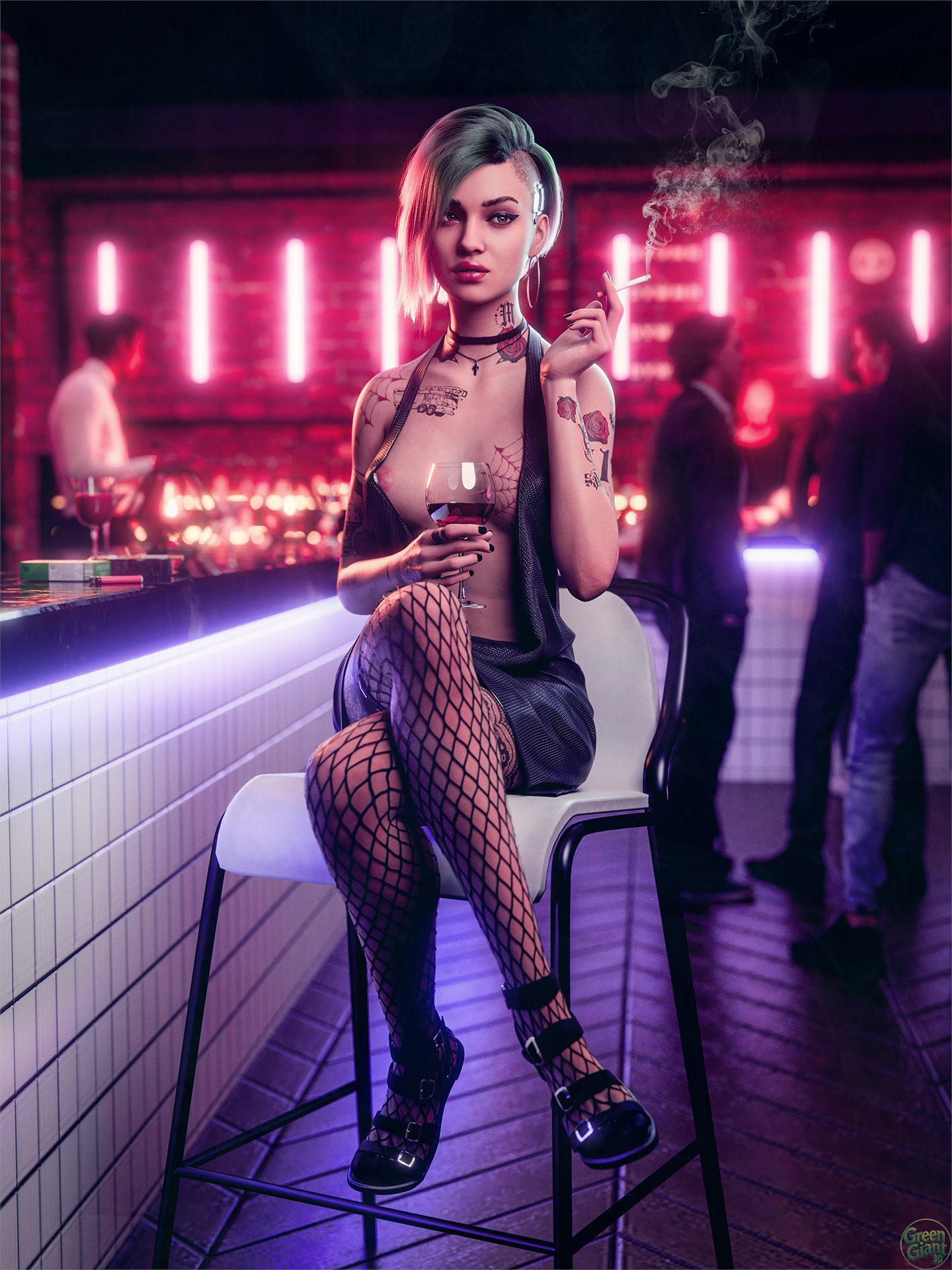 1girls, 2025, 3d, areolae, areolae slip, bar, brown eyes, cat eyeliner, choker, cigarette, cigarette smoke, cocktail dress, cross necklace, crowd, cyberpunk 2077, detailed background, dress, dyed hair, eyeliner, eyeshadow, female, female focus, fishnets, fit, fit female, full body, green and purple hair, greengiant3d, holding glass, hoop earrings, indoors, judy alvarez, legs crossed, lipstick, looking to the side, makeup, nipple, nipple slip, nipslip, party dress, red lipstick, sandals, shaved side, short hair, sitting, sitting on stool, smoking, smoking cigarette, solo focus, tattoo, tattoos, tattoos everywhere, wardrobe malfunction, wine glass, winged eyeliner