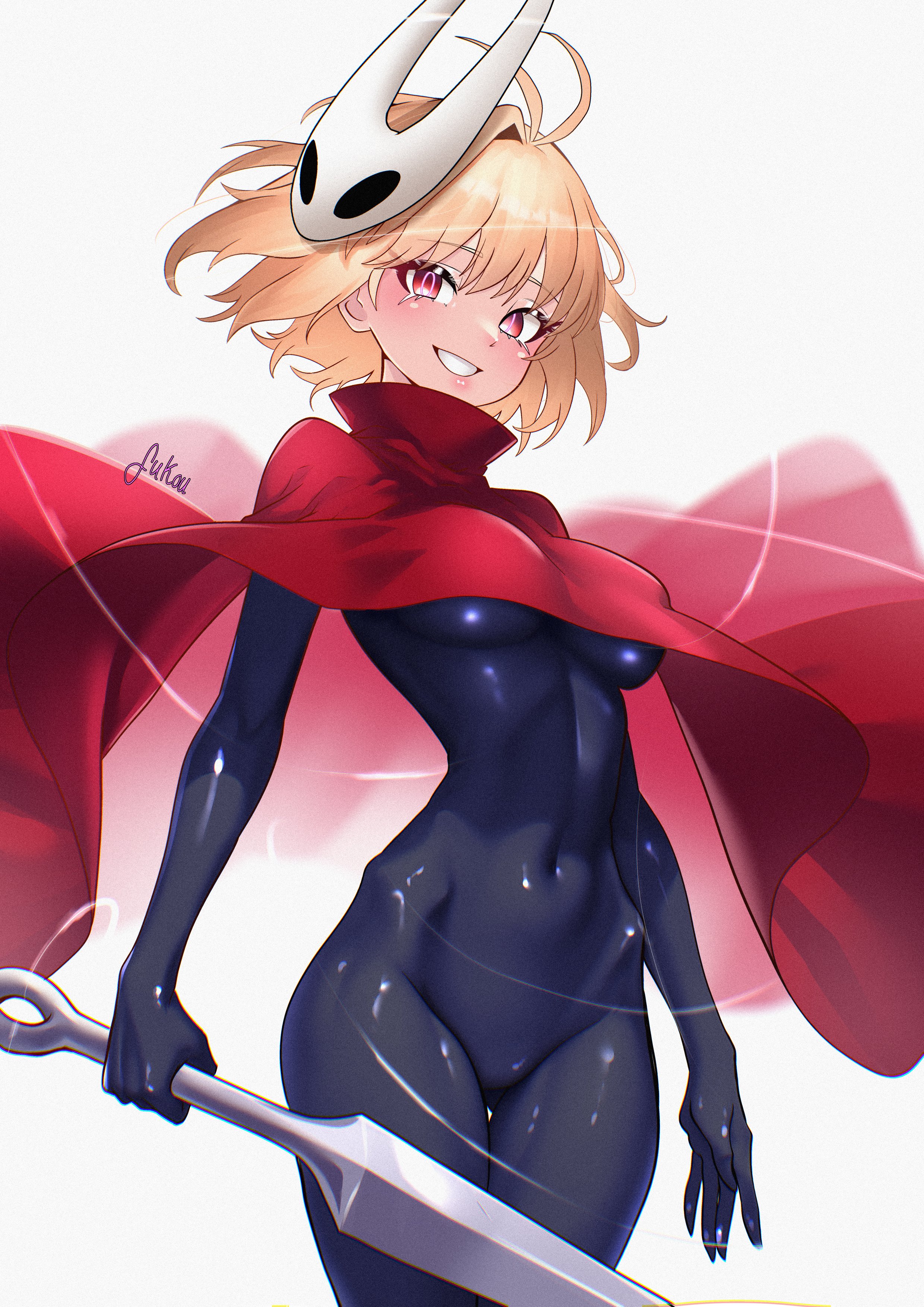 absurdres, arcueid brunestud, black bodysuit, blonde hair, blush, bodysuit, breasts, cloak, cosplay, covered navel, female, fukou, fukou da man, grin, highres, hollow knight, hollow knight: silksong, horned mask, hornet (hollow knight), hornet (hollow knight) (cosplay), impossible bodysuit, impossible clothes, latex, latex bodysuit, looking at viewer, mask, needle (hollow knight), red cloak, red eyes, short hair, small breasts, smile, solo, thick thighs, thighs, tsukihime, white mask, wide hips