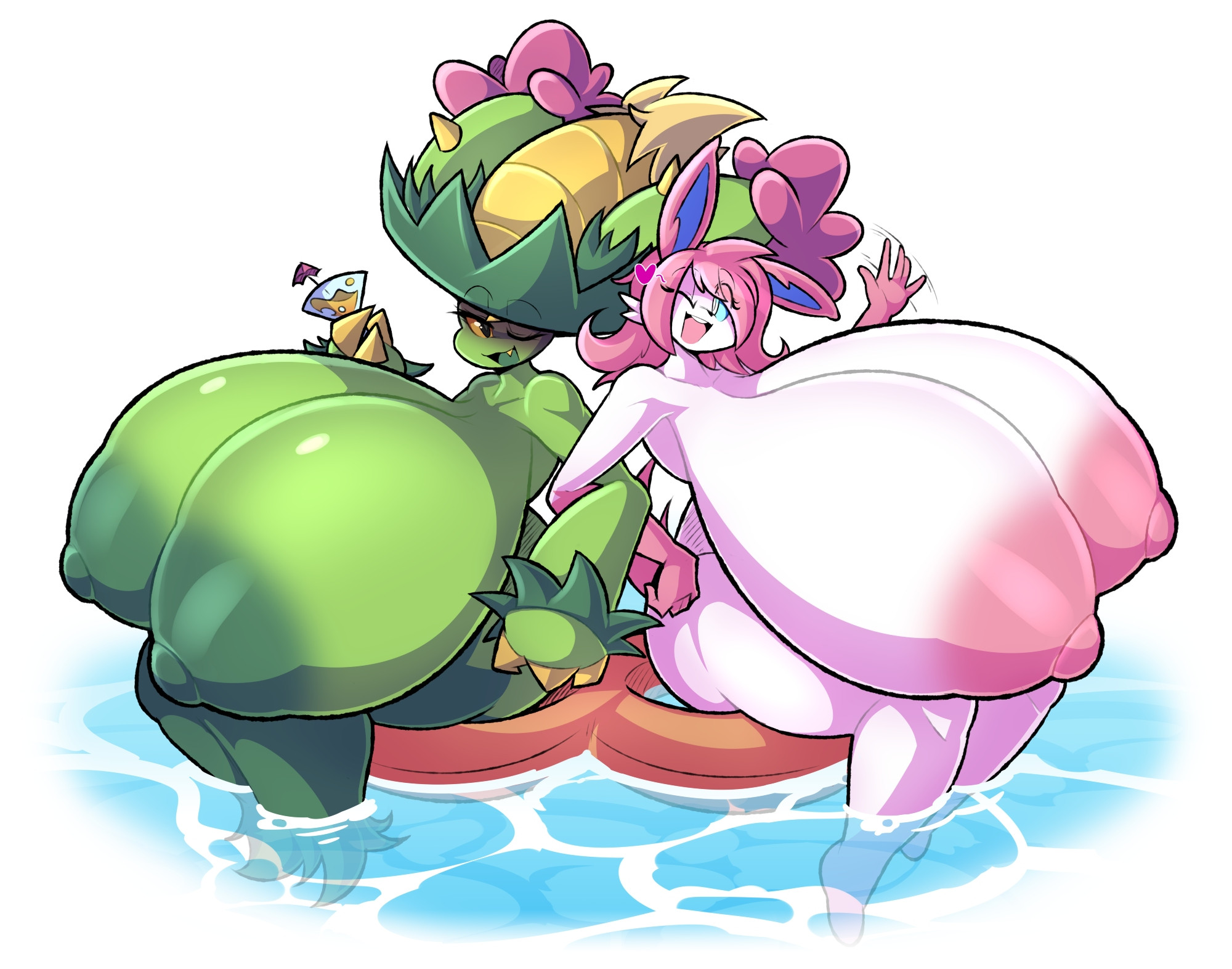 2girls, adriana (rubyqm), big breasts, breasts, cleavage, eeveelution, female, furry, huge, huge breasts, hyper breasts, maractus, nintendo, nonarycubed, pokemon, pokemon (species), selene (itsawulf), sylveon, tagme, thick thighs, wide hips
