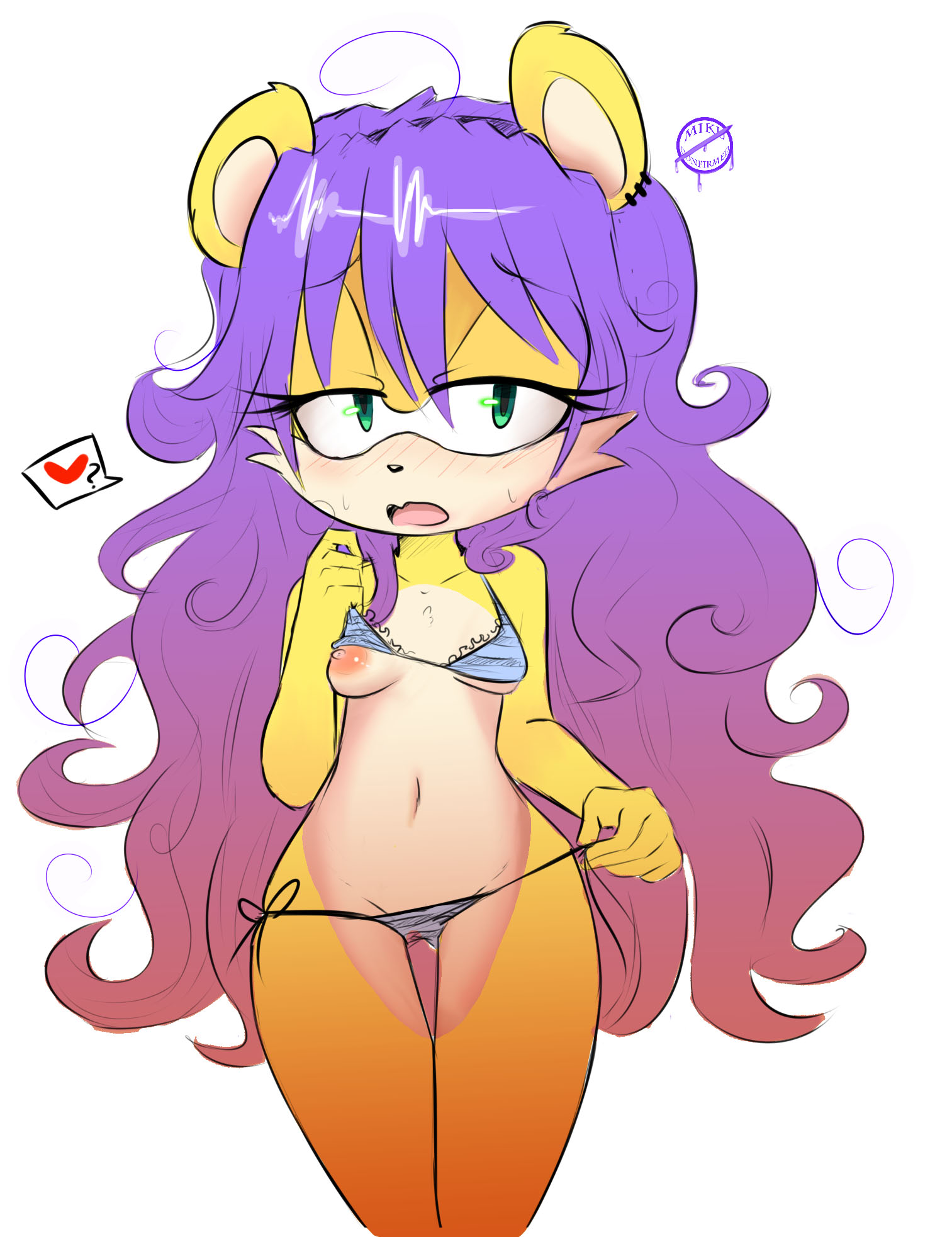 1girls, archie comics, areolae, bangs, bikini, blush, breasts, clothing, ear piercing, eyelashes, female, female only, fur, furry, green eyes, hair, hairband, half-closed eyes, hearlesssoul, herpestid, looking at viewer, mammal, messy hair, mina mongoose, mongoose, nipples, one breast out, open mouth, piercing, purple hair, sega, side-tie bikini, small breasts, solo, sonic (series), sonic the hedgehog (archie), sonic the hedgehog (comics), sonic the hedgehog (series), swimsuit, thigh gap, undressing, wide hips, yellow fur
