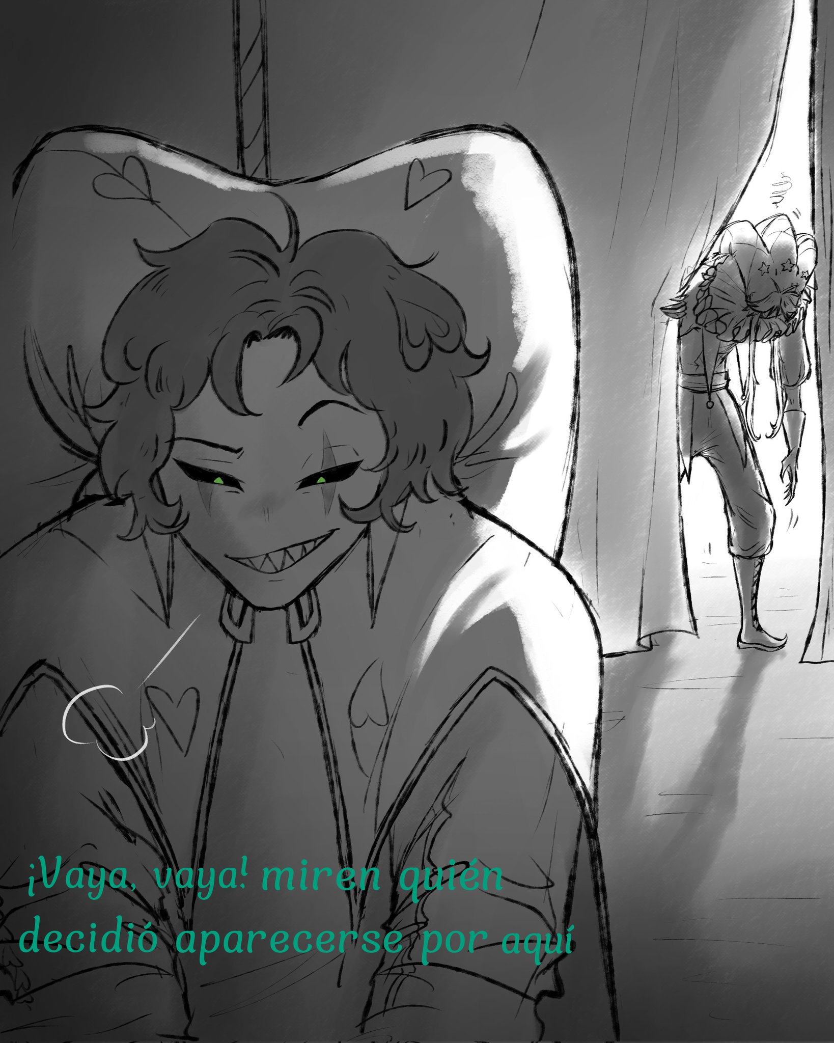 2boy, 2boys, 2d, 2d (artwork), 2d artwork, 2male, 2males, 2man, 2men, bells, black hair, black sclera, colorless, comic, comic page, fully clothed, fully clothed male, fully dressed, gay, gay male, grayscale, green eyes, greyscale, hamk kom, harlequin (the freak circus), heart, heart symbol, hearts, holding object, homo, homoerotic, homosexual, homosexual male, implied rape, jester cap, jester costume, jester hat, jester outfit, knife, male, male/male, minicomic, motion lines, movement lines, page 1, page 2, page number, pierrot (the freak circus), questionable consent, sexual harassment, shadow, sharp teeth, short hair, smile, smiling, spanish, spanish commentary, spanish dialogue, spanish text, tagme, tfc, the freak circus, throwing knife, uncolored, walking, walking in, wavy hair